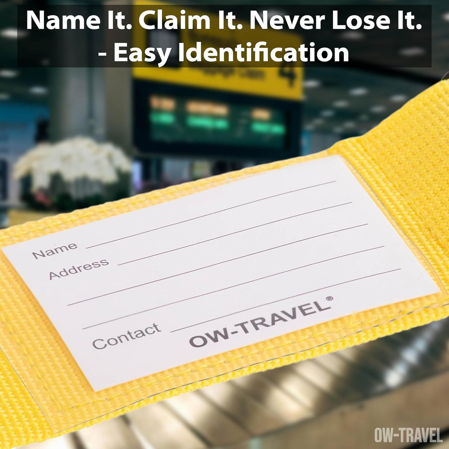 Yellow luggage strap suitcase belts with with baggage address tag label