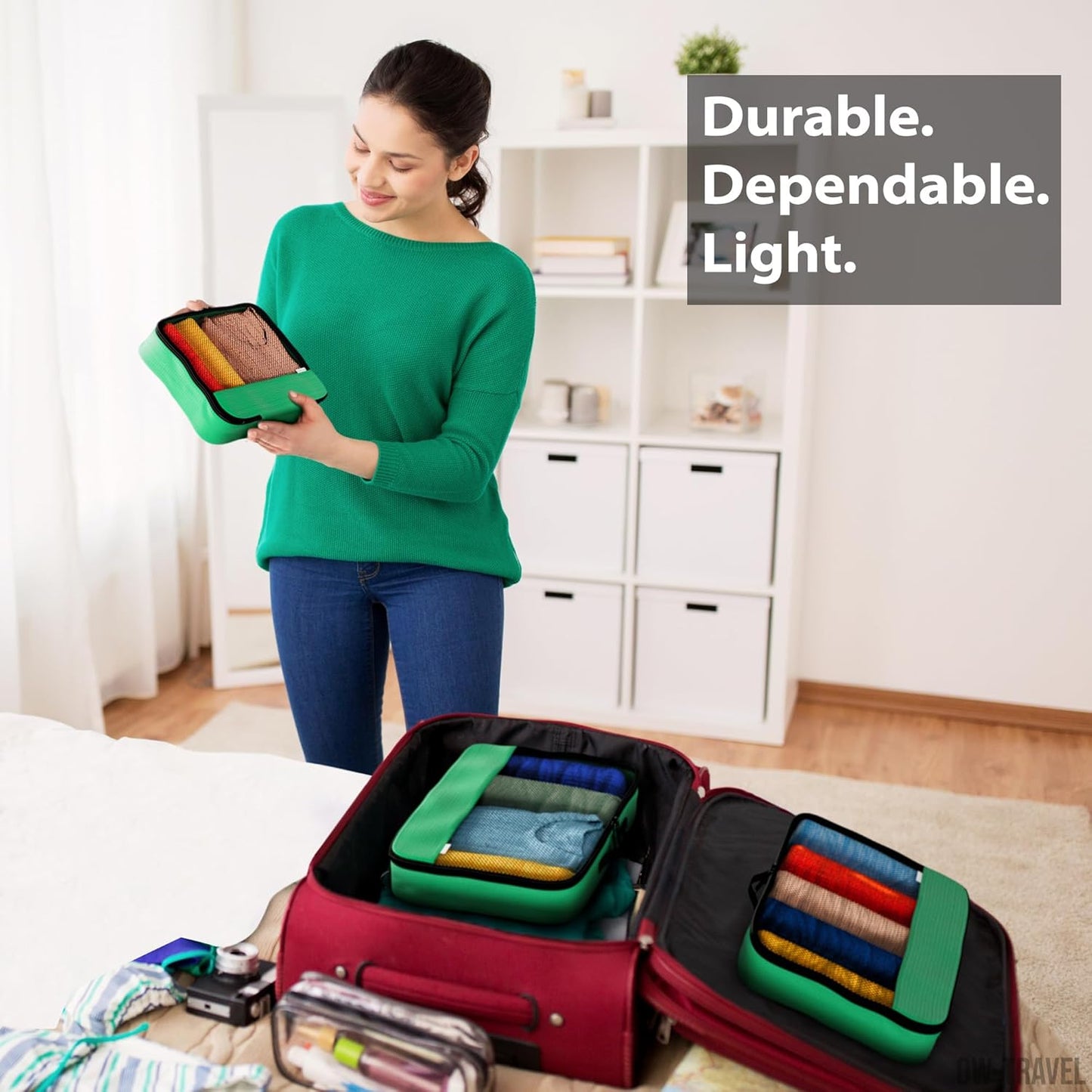 Green packing cubes for suitcases. Travel storage organiser bags 5 pcs