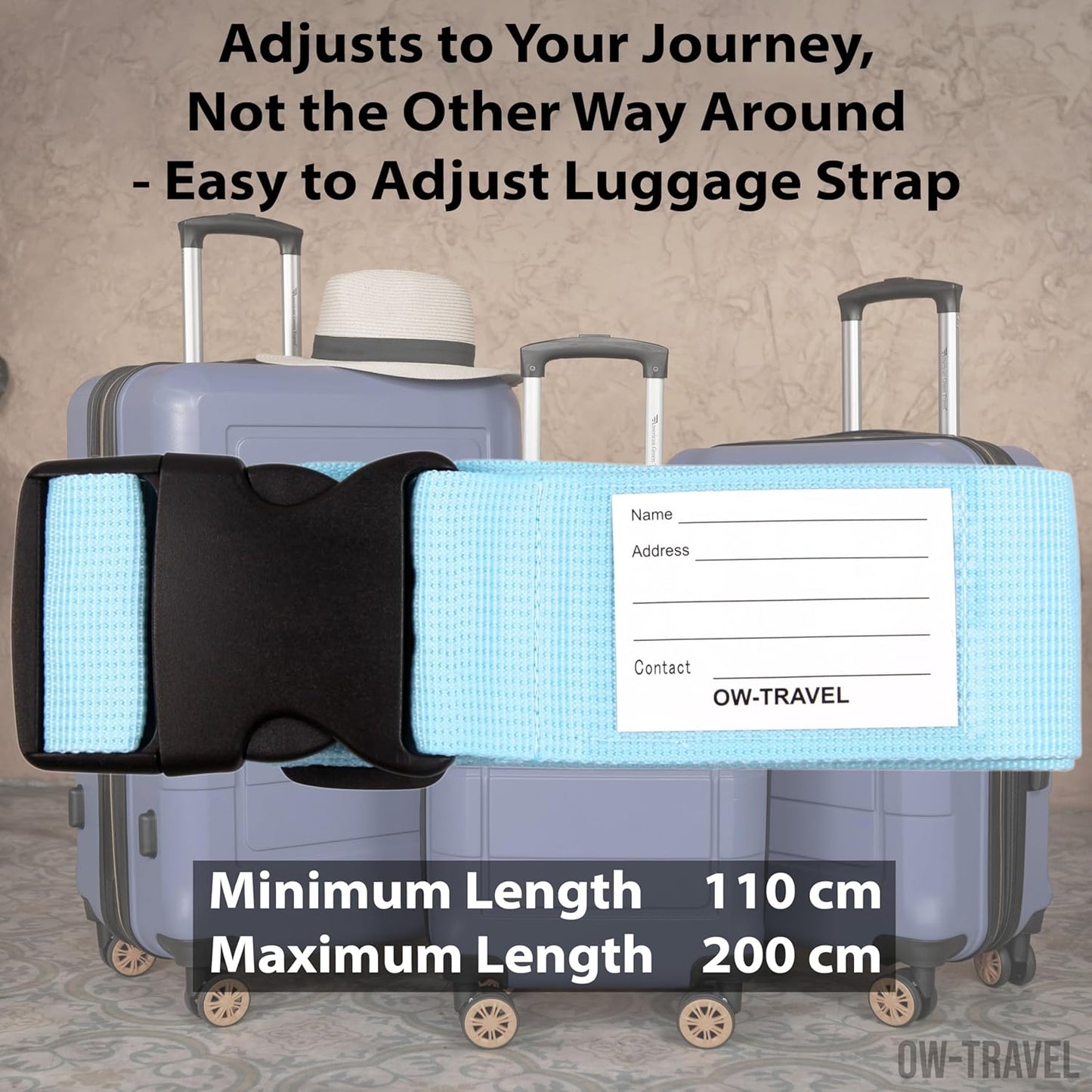 Blue luggage strap suitcase belts with personalised baggage label tag