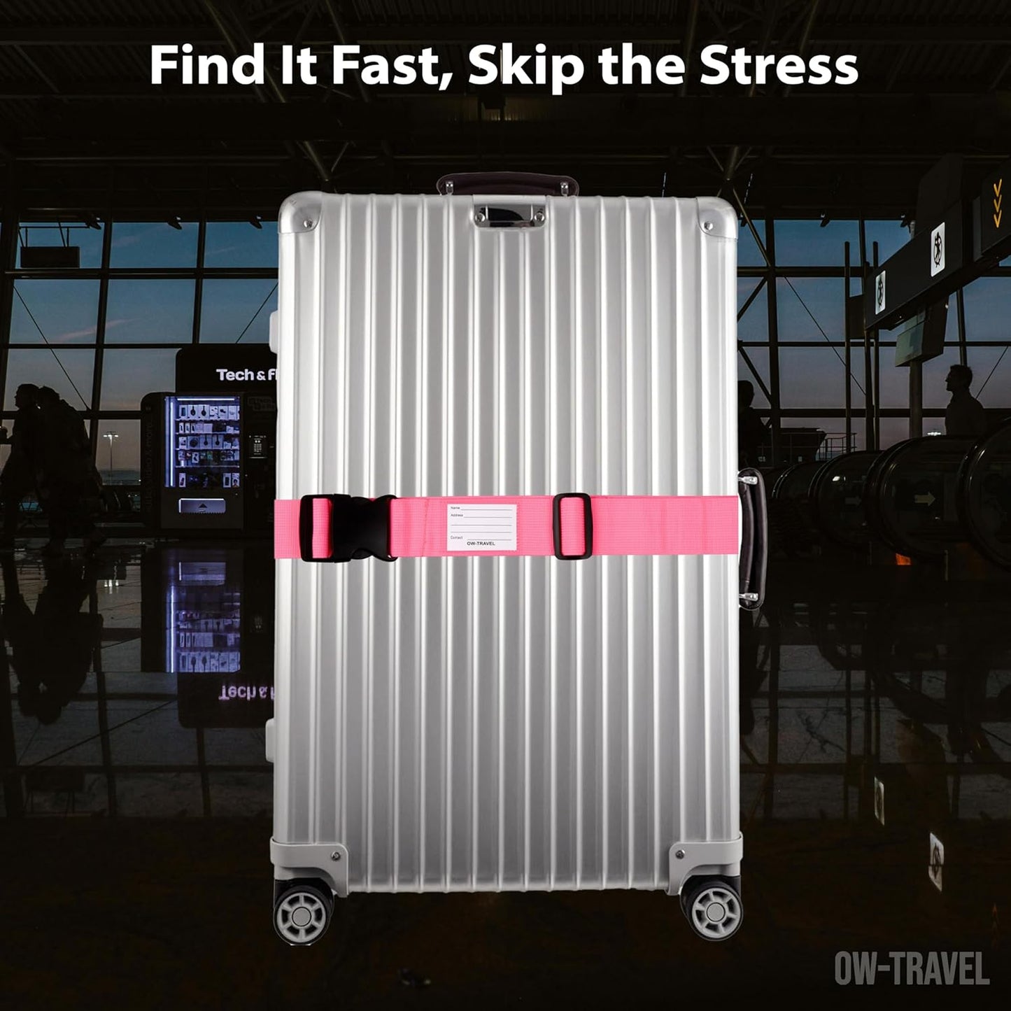 Pink luggage strap suitcase belts with personalised baggage label tag