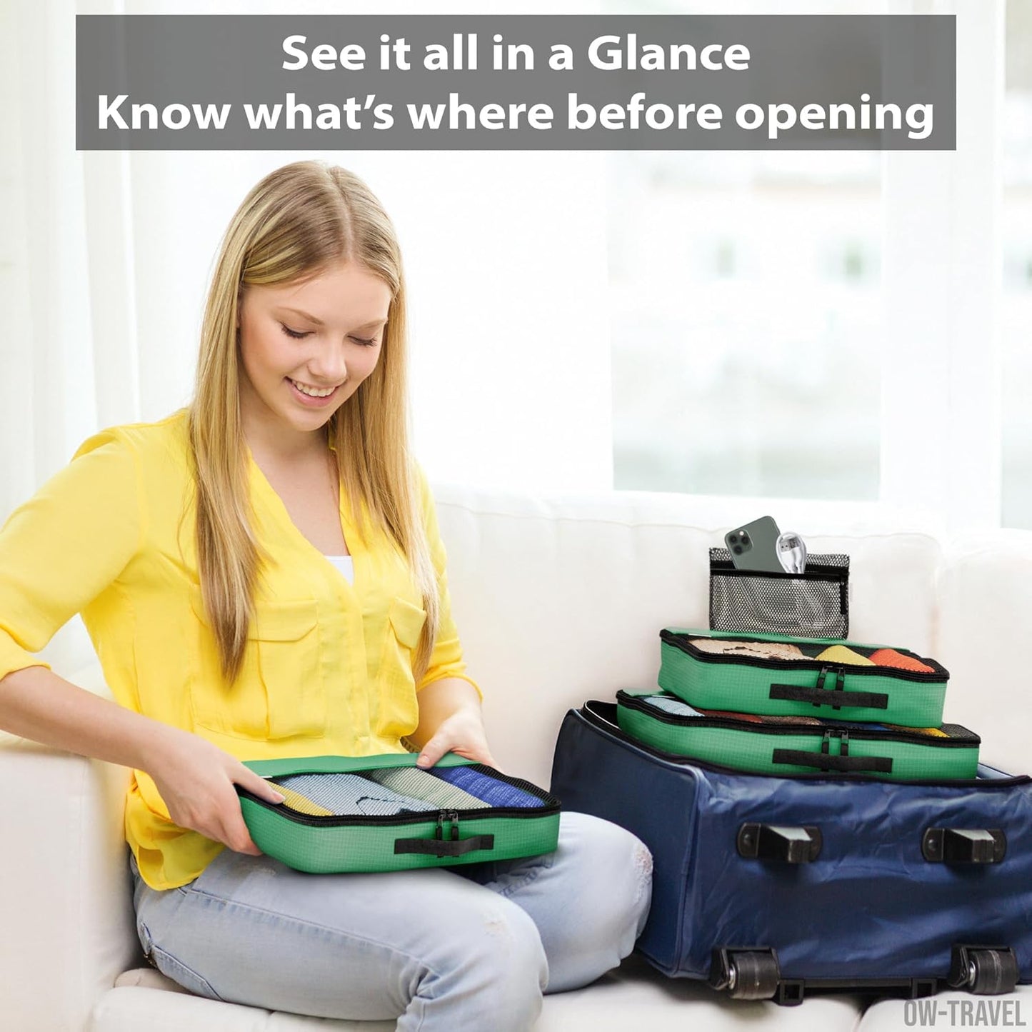 Green packing cubes for suitcases. Travel storage organiser bags 5 pcs