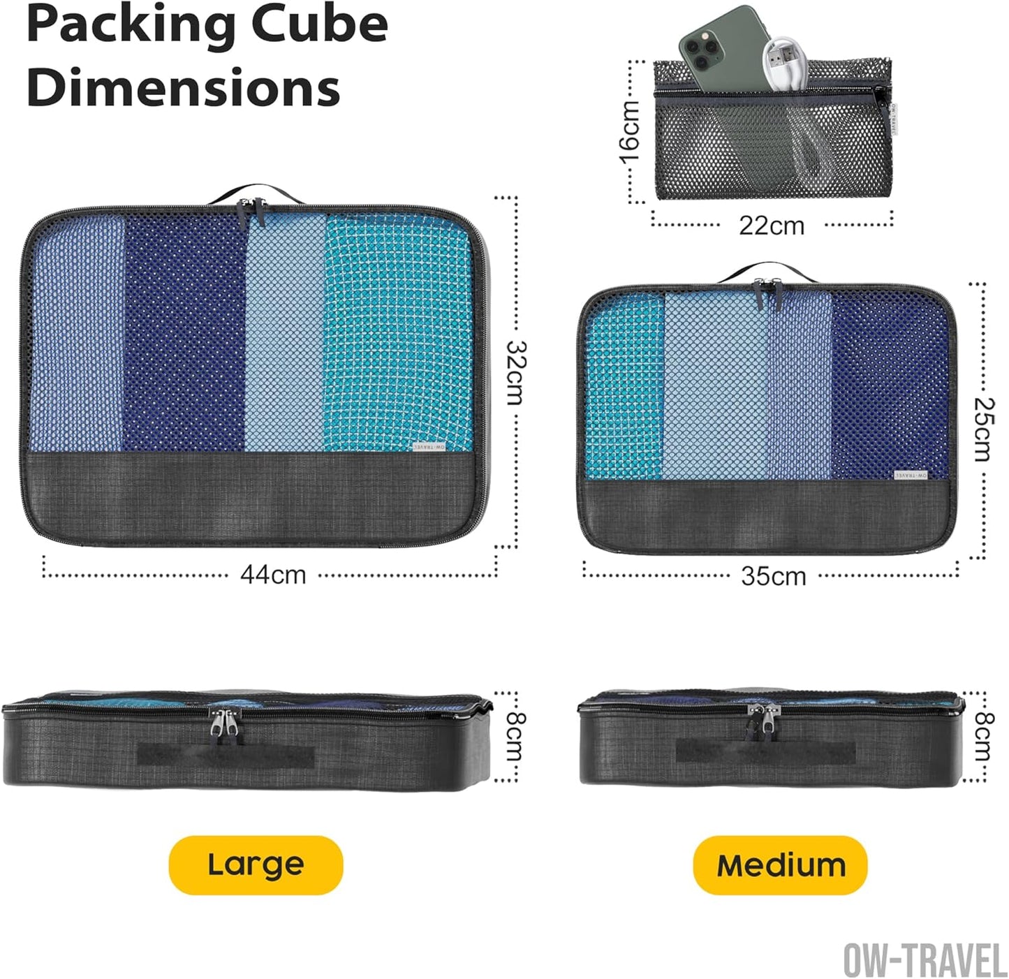 Black packing cubes for suitcases. Travel storage organiser bags 5 pcs