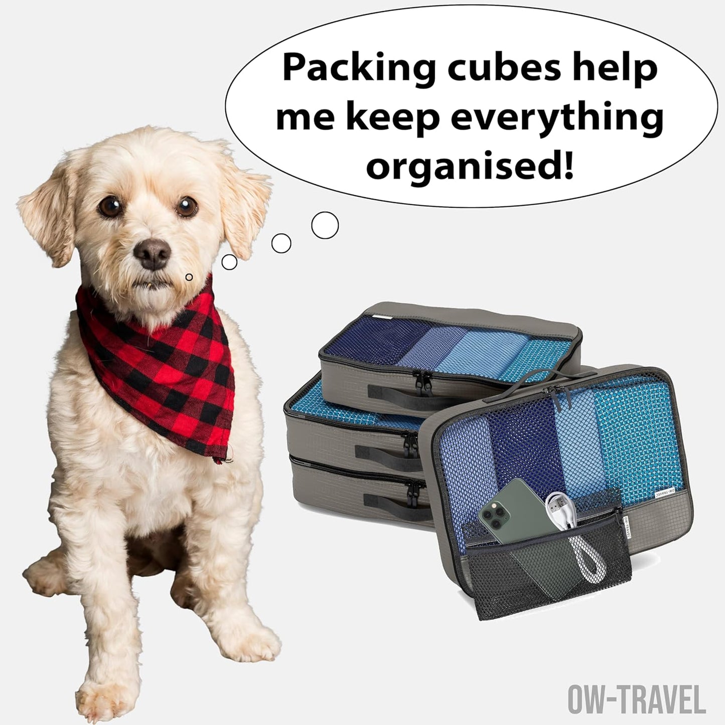 Grey packing cubes for suitcases. Travel storage organiser bags 5 pcs
