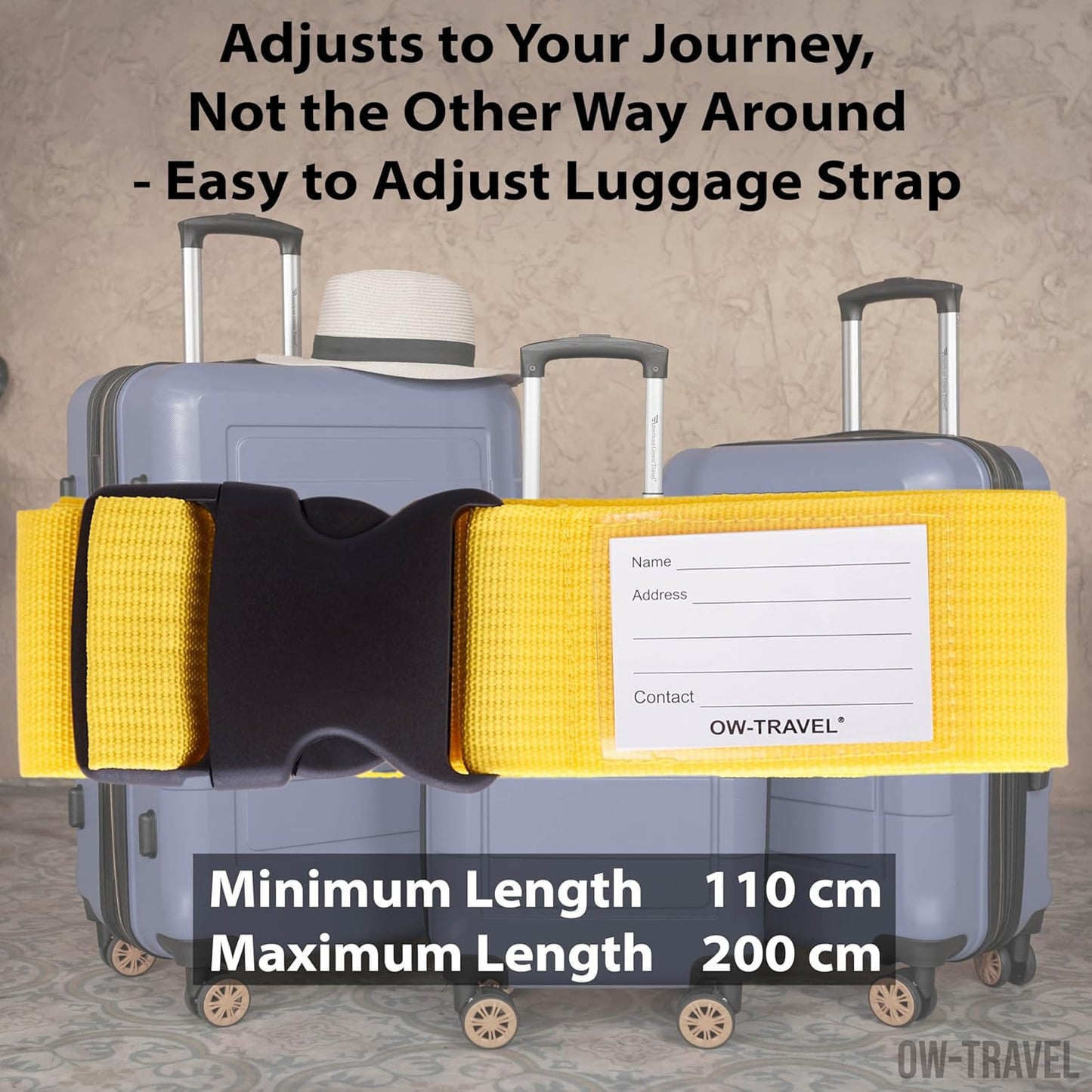 Yellow luggage strap suitcase belts with with baggage address tag label