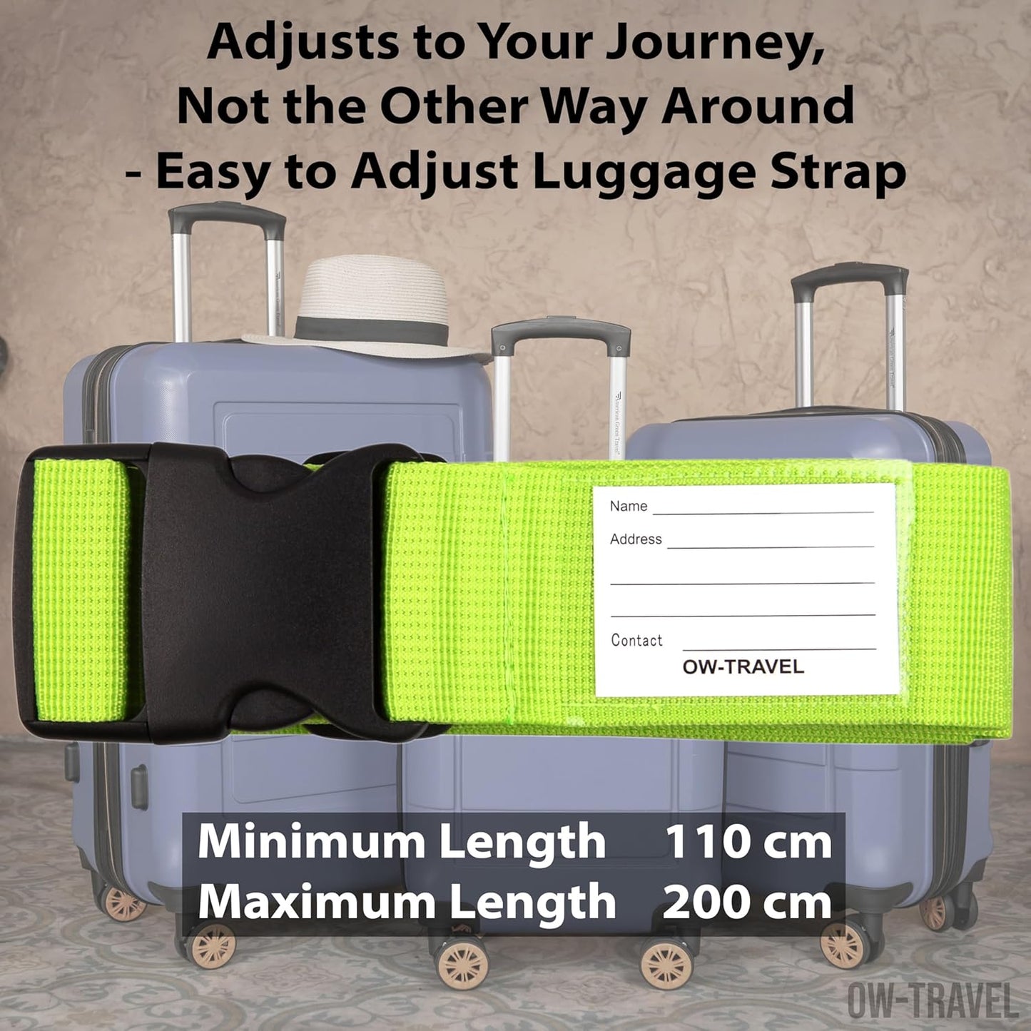 Green luggage strap suitcase belts with personalised baggage label tag