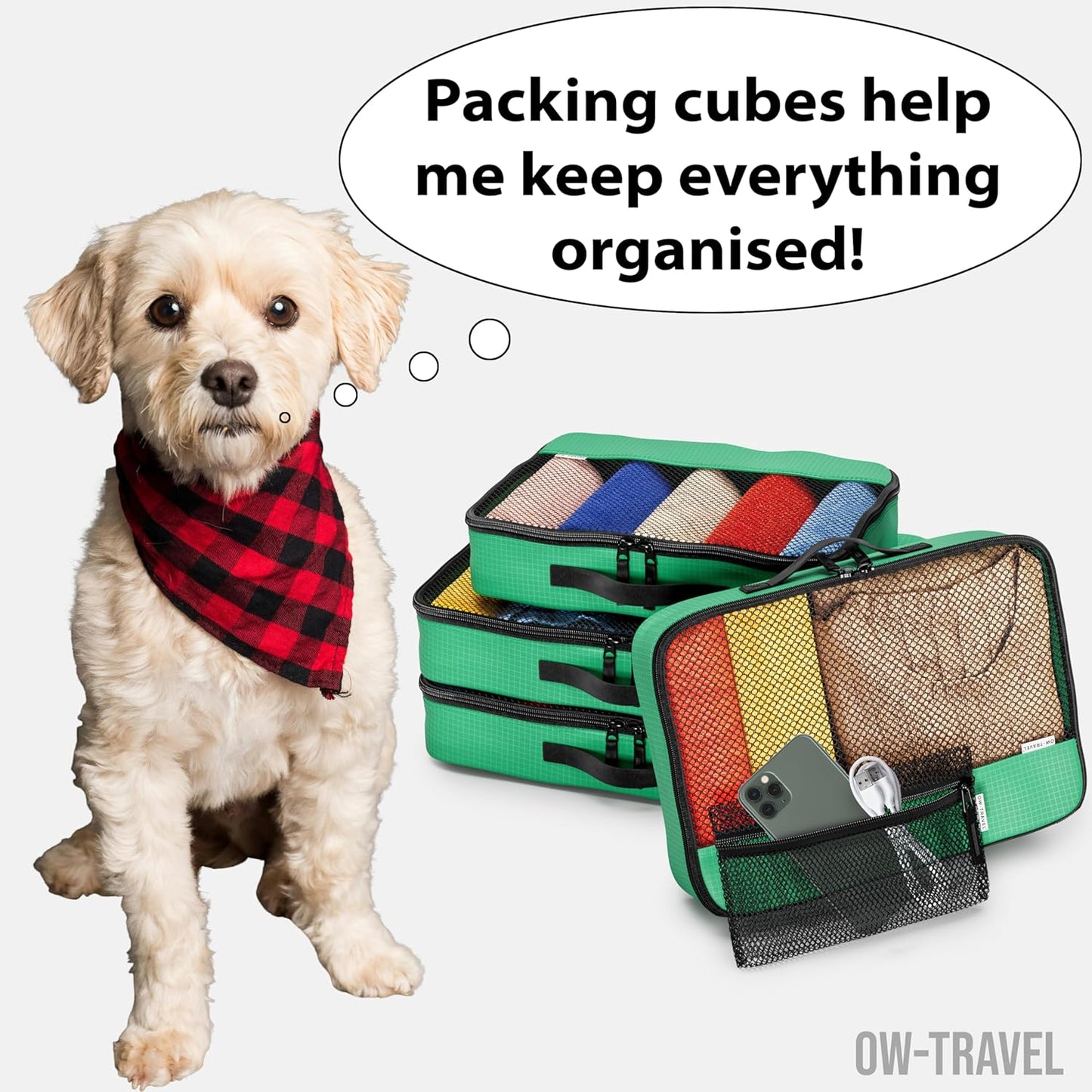 Green packing cubes for suitcases. Travel storage organiser bags 5 pcs