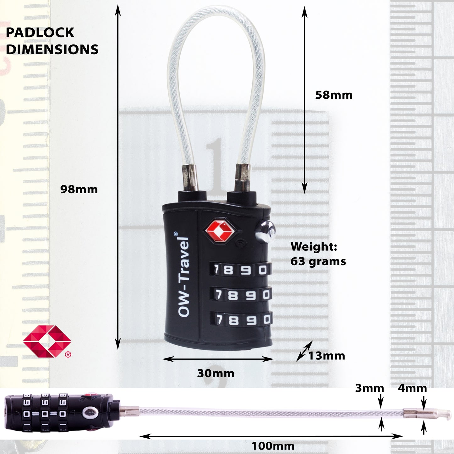 TSA luggage locks. Black cable padlocks for suitcases gym lockers bags