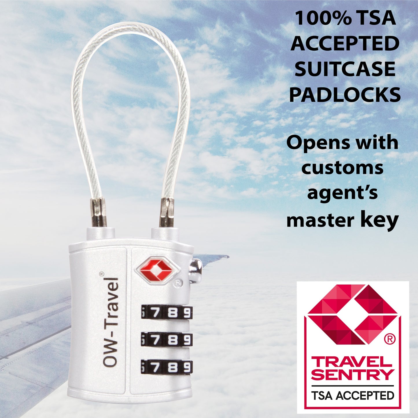TSA luggage locks. Silver cable padlocks for suitcases lockers bags