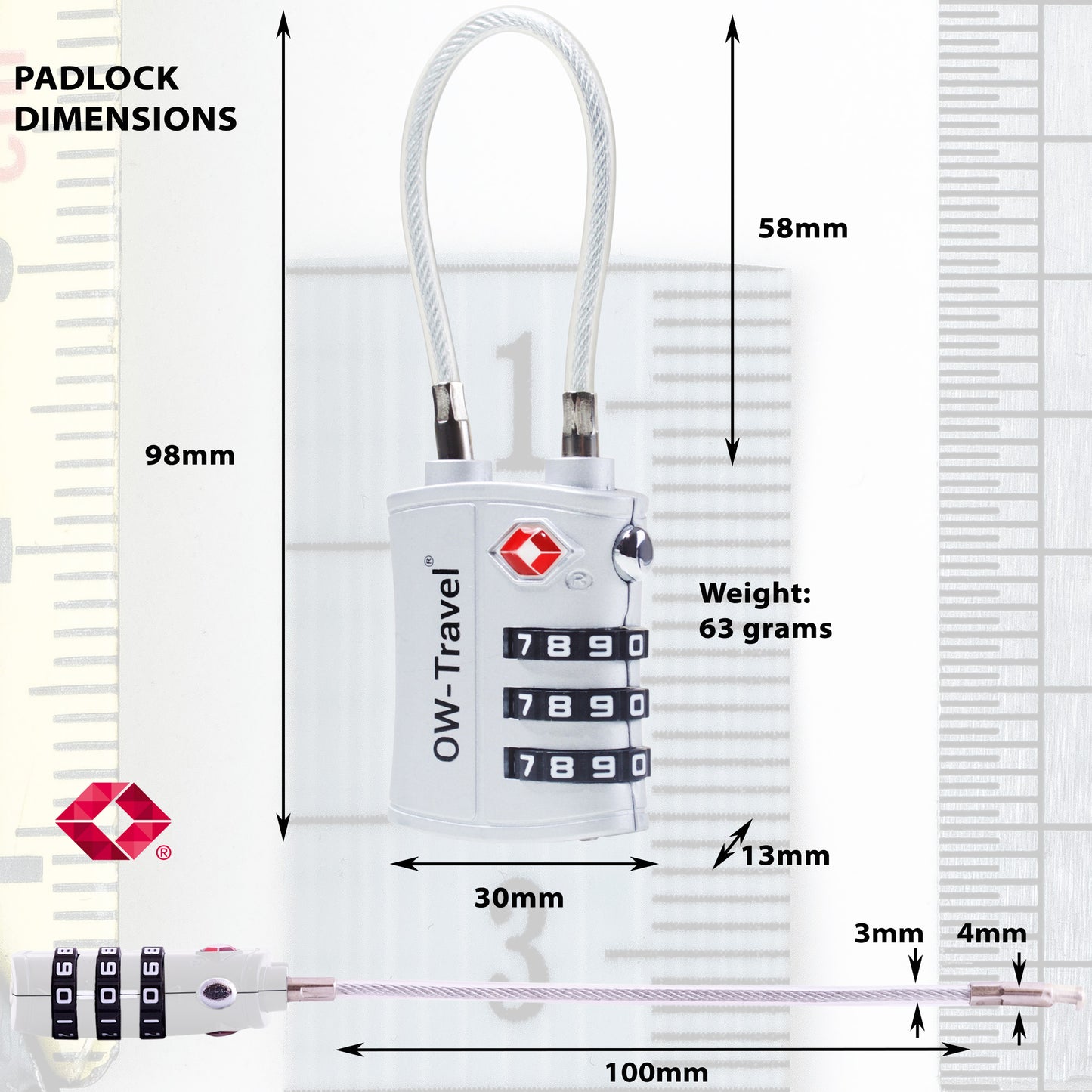 TSA luggage locks. Silver cable padlocks for suitcases lockers bags