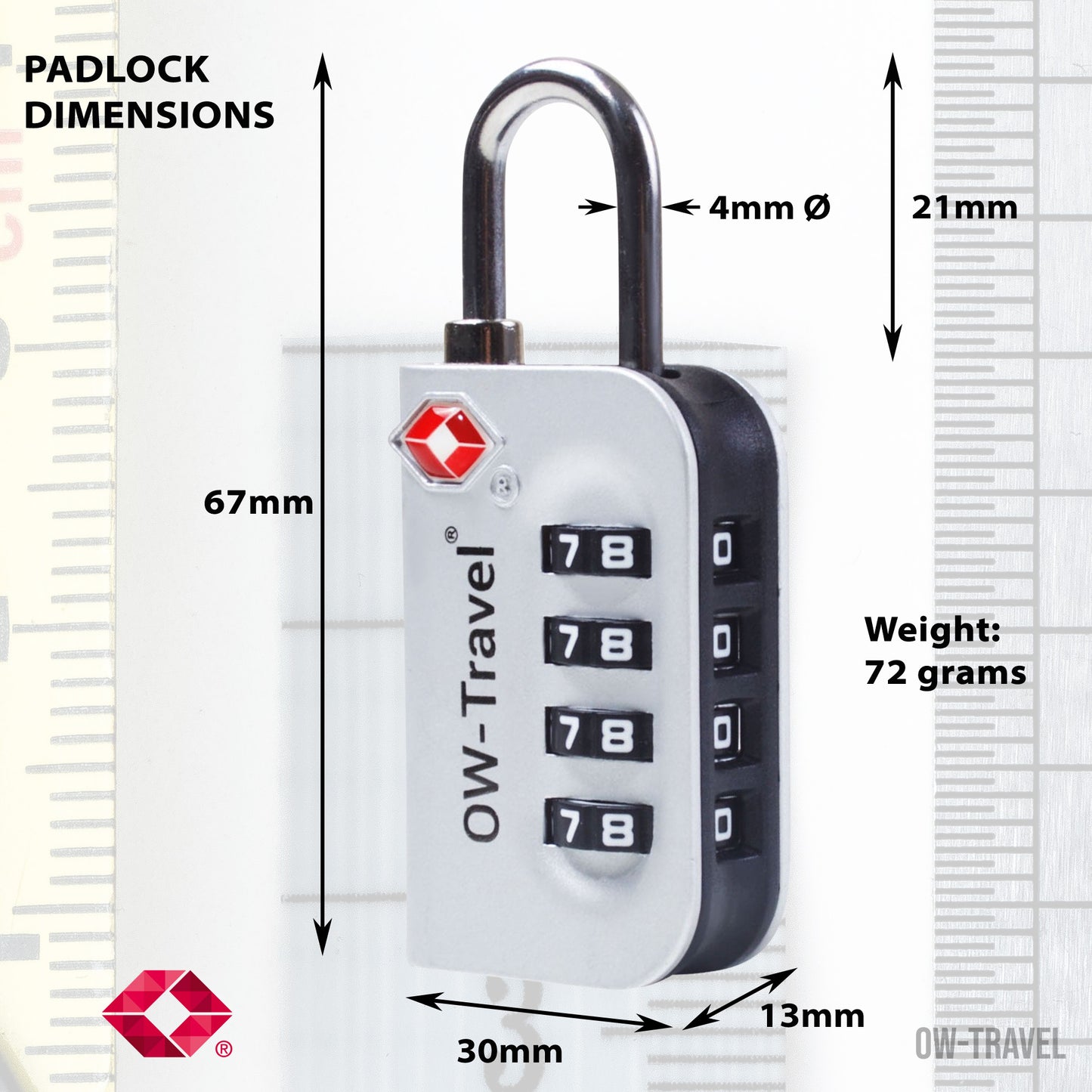 TSA luggage locks. Silver 4-dial combination padlocks for suitcases