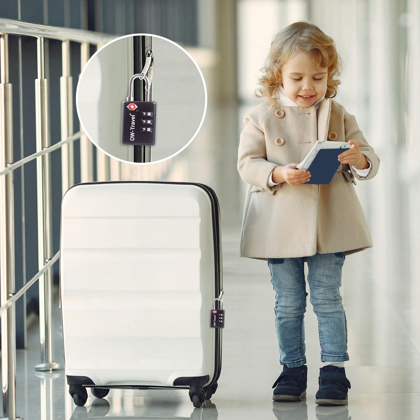 TSA luggage locks. Black suitcase bag padlocks with inspection alert