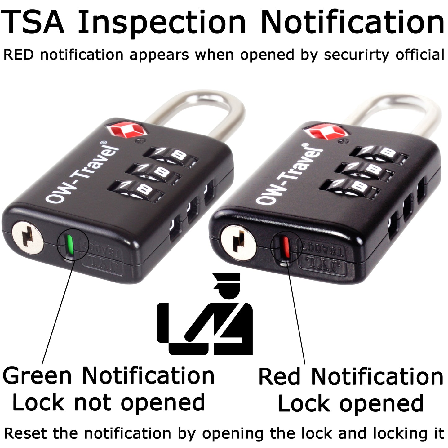 TSA luggage locks. Black suitcase bag padlocks with inspection alert