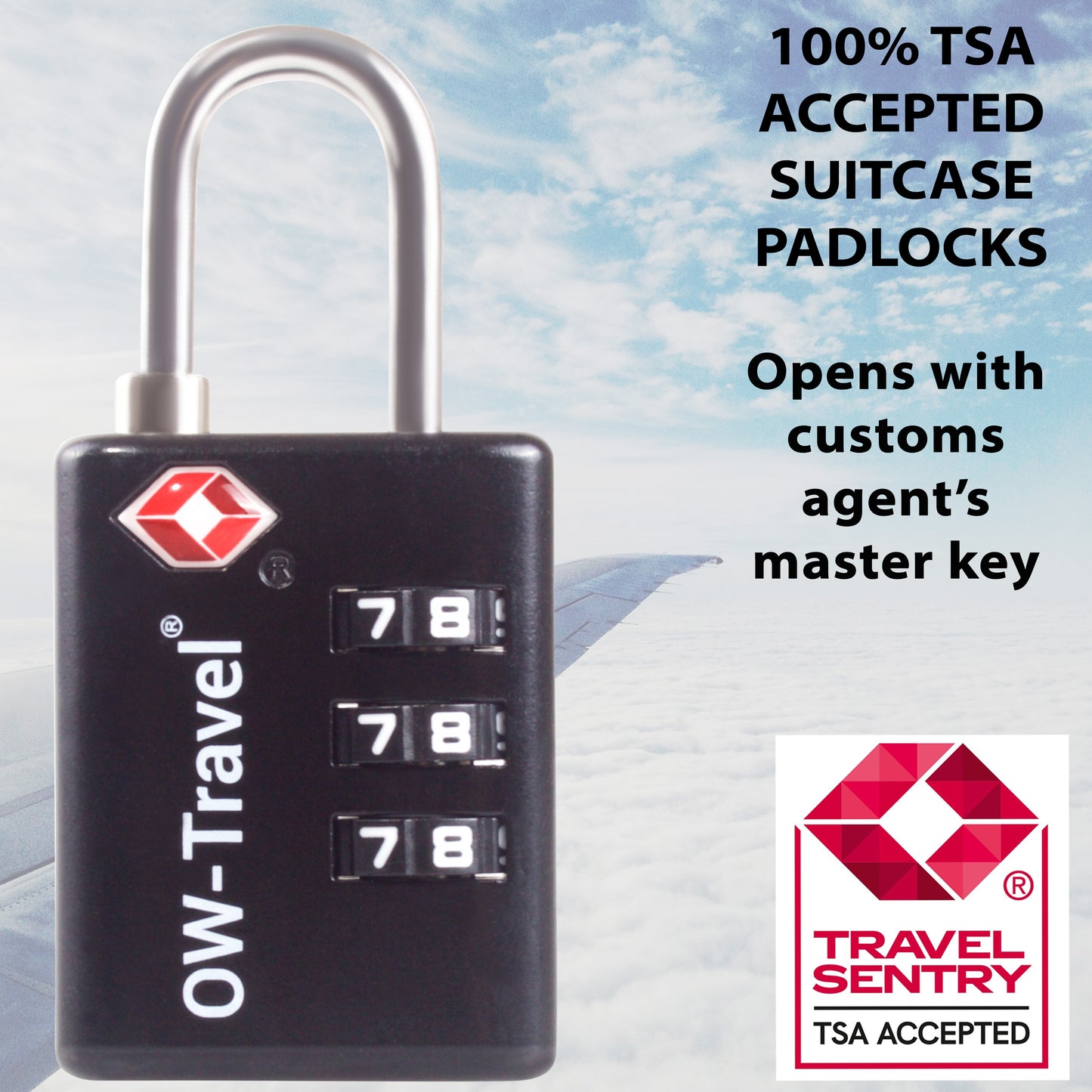 TSA luggage locks. Black suitcase bag padlocks with inspection alert