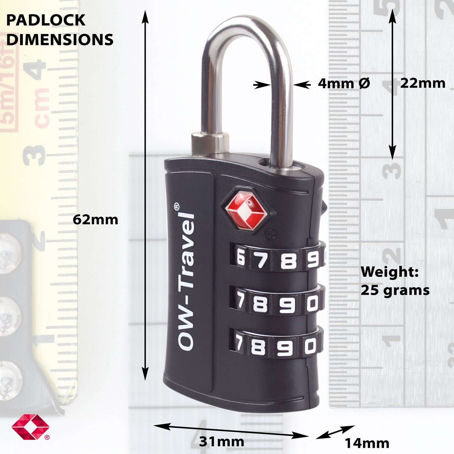 TSA luggage locks. Black 3-dial padlocks for suitcases lockers bags