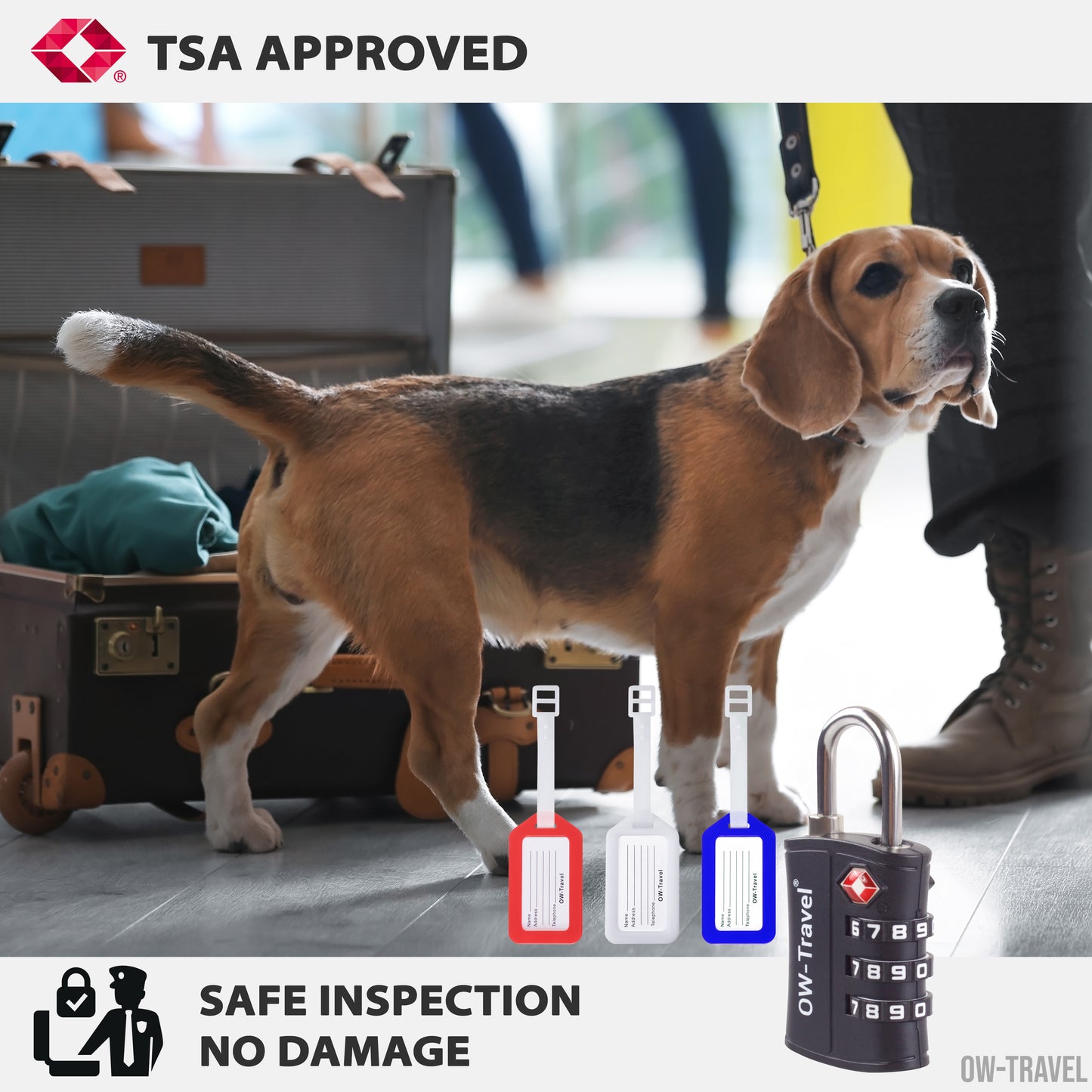 TSA luggage locks. Black 3-dial padlocks for suitcases + baggage tags
