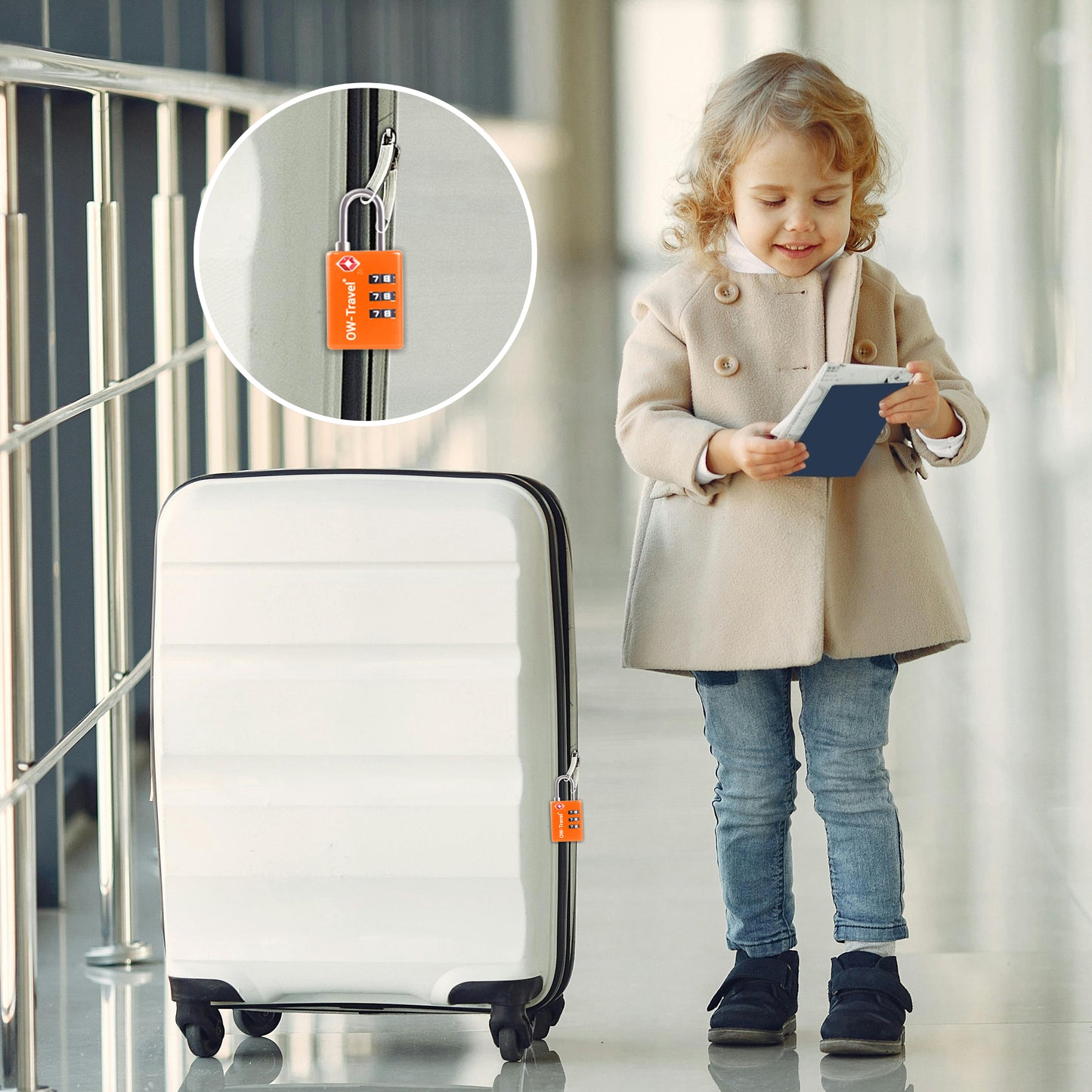 TSA luggage locks. Orange suitcase bag padlocks with inspection alert