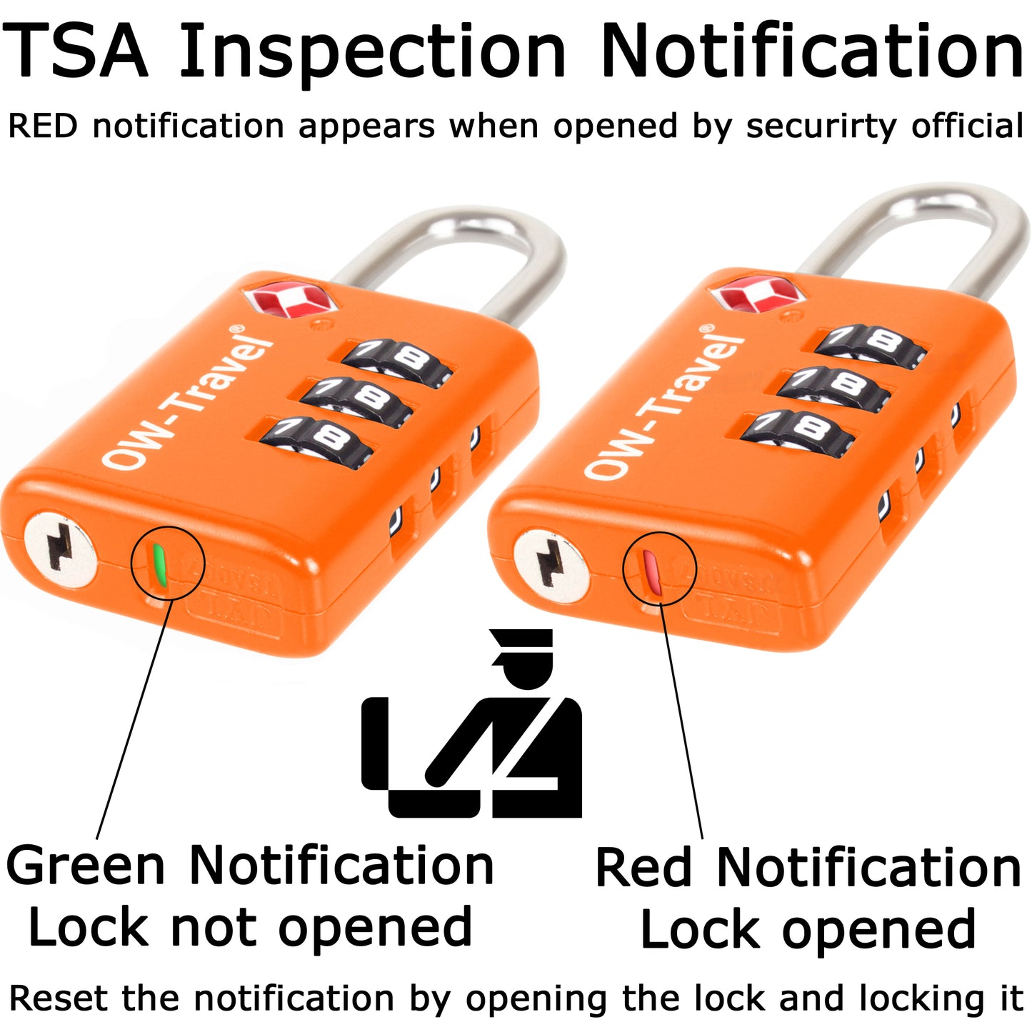 TSA luggage locks. Orange suitcase bag padlocks with inspection alert