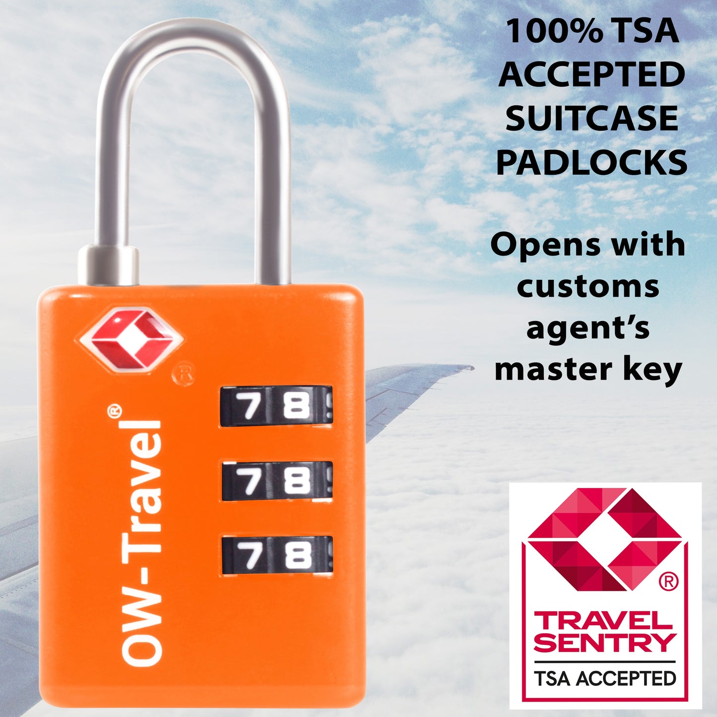 TSA luggage locks. Orange suitcase bag padlocks with inspection alert