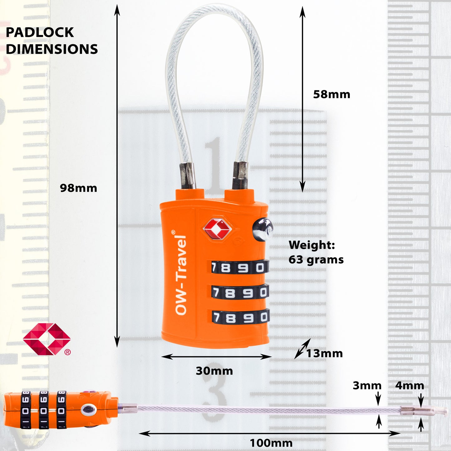 TSA luggage locks. Orange cable padlocks for suitcases lockers bags