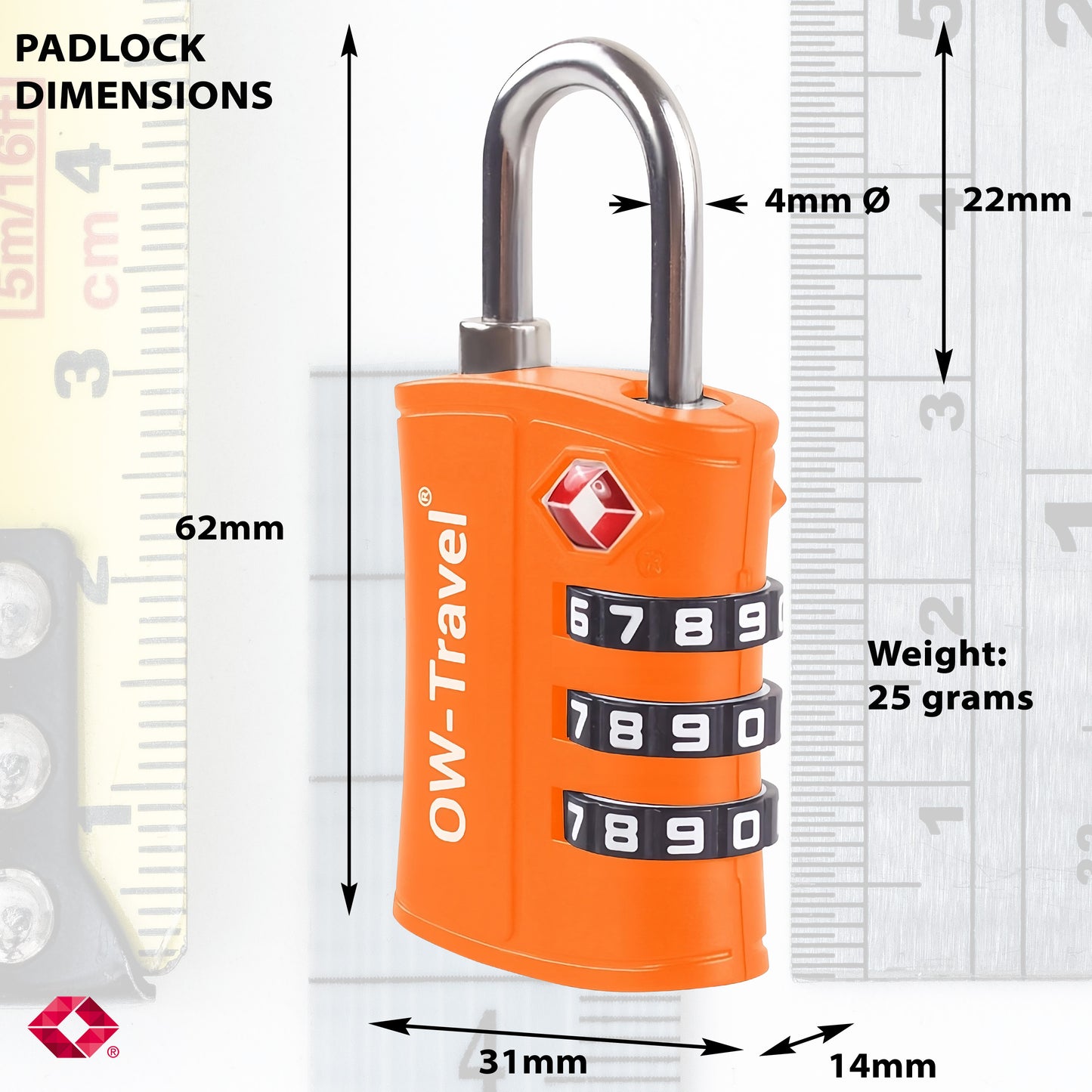 TSA luggage locks. Orange 3-dial padlocks for suitcases lockers bags