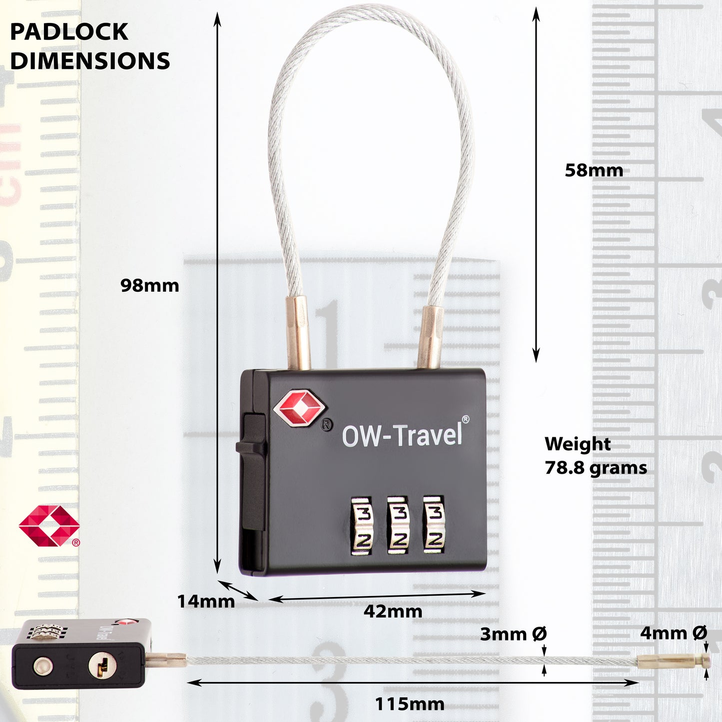 TSA luggage locks. Black cable padlocks for suitcases gym lockers bags