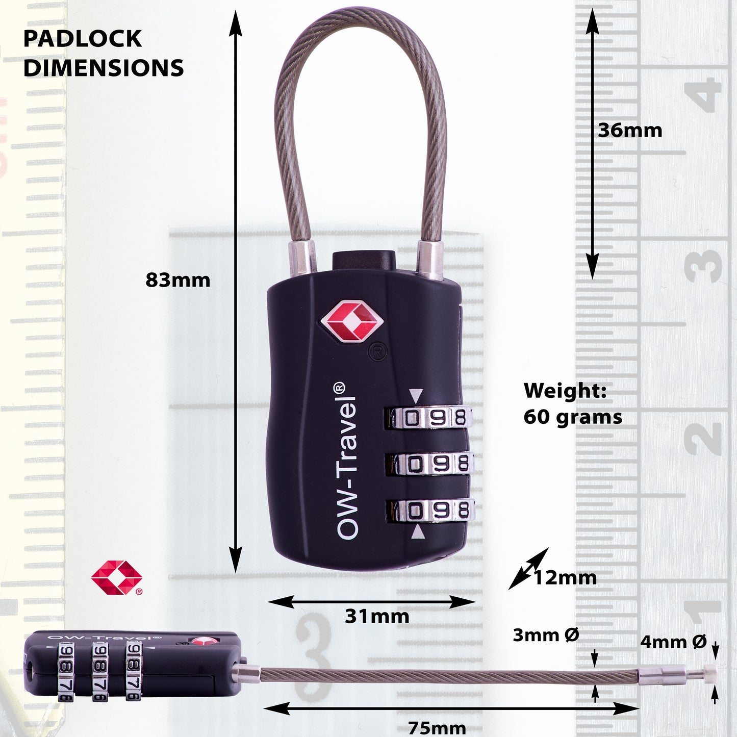 TSA luggage locks. Black cable padlocks for suitcases gym lockers bags