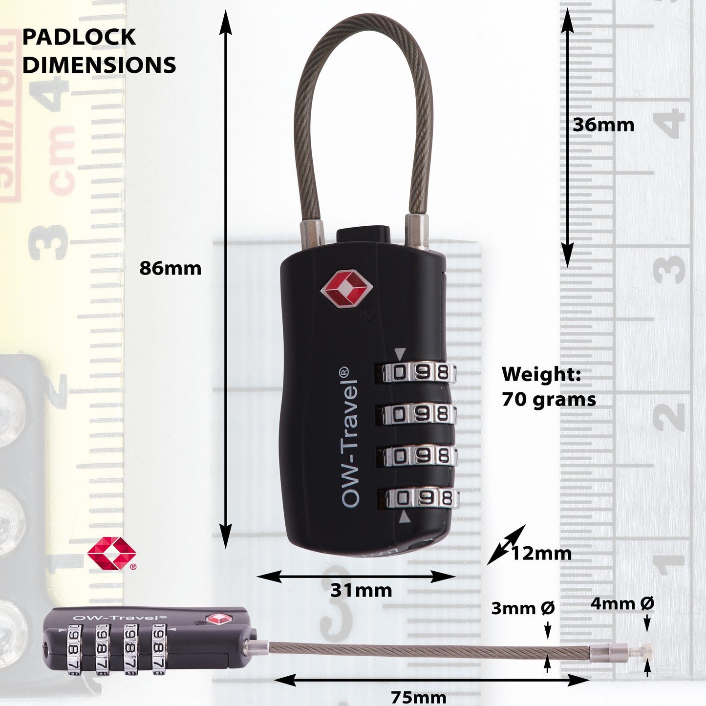 TSA luggage locks. Black cable padlocks for suitcases gym lockers bags
