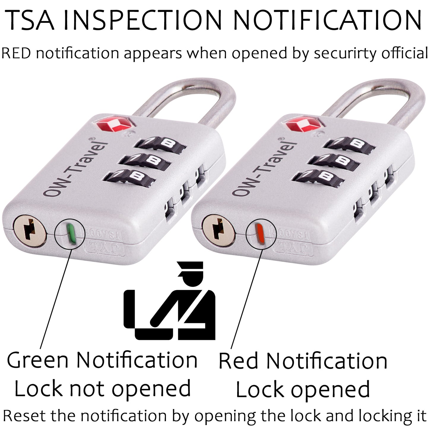 TSA luggage locks. Silver suitcase bag padlocks with inspection alert