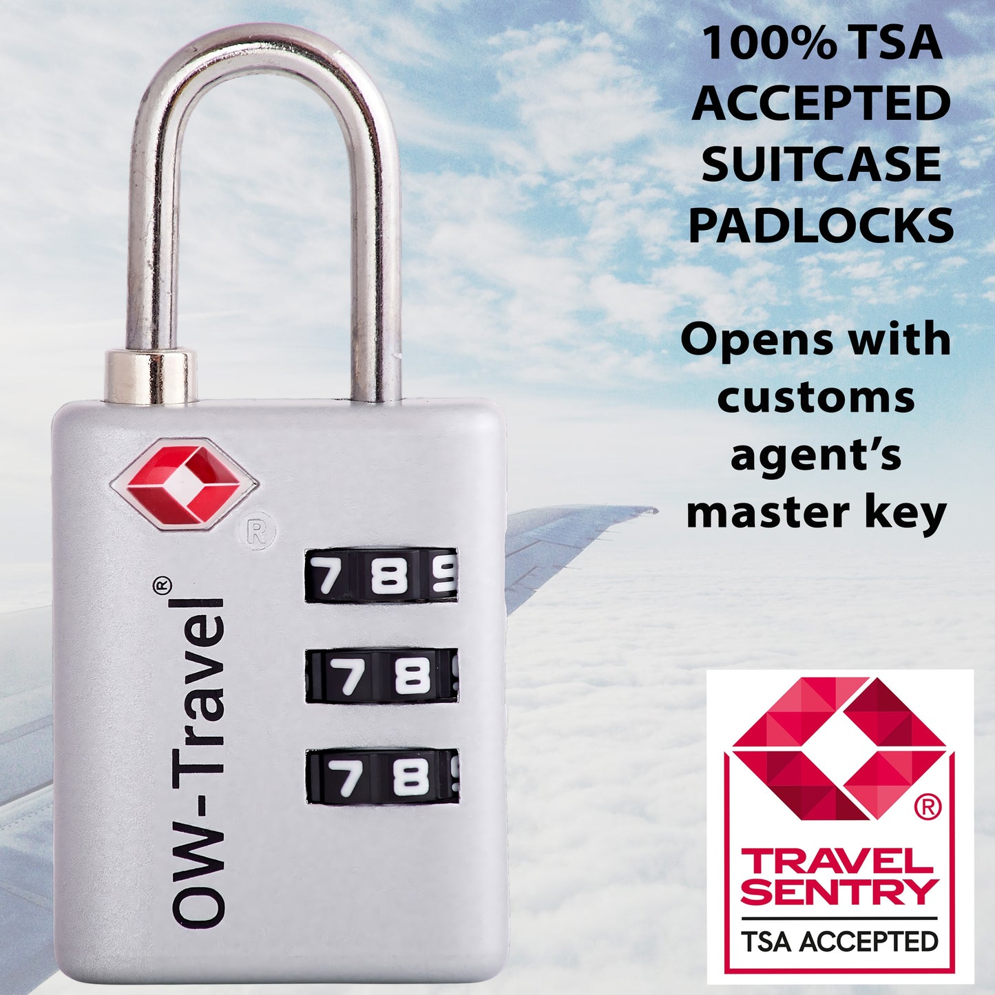 TSA luggage locks. Silver suitcase bag padlocks with inspection alert