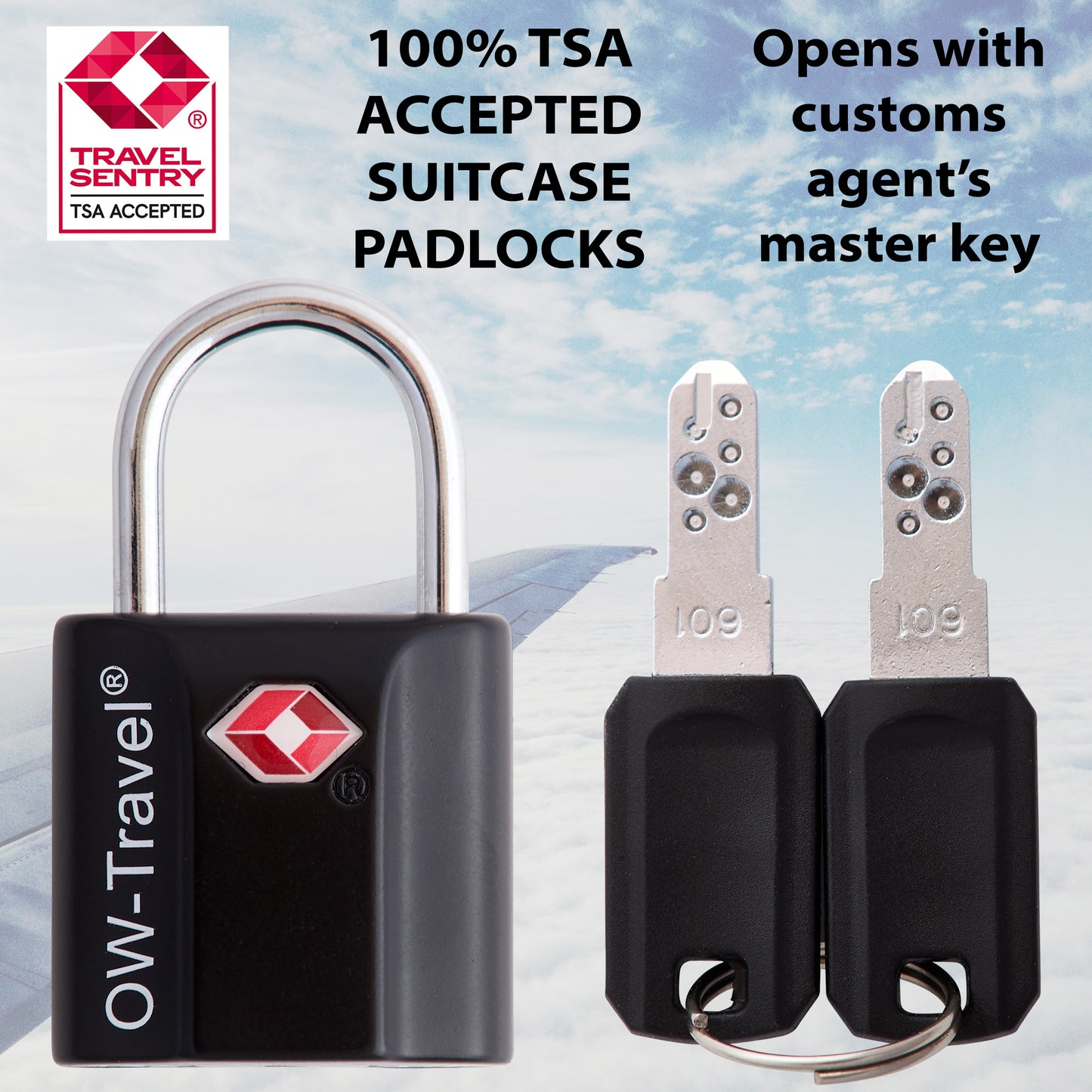 TSA luggage locks. Black key travel padlocks for suitcases bags lockers