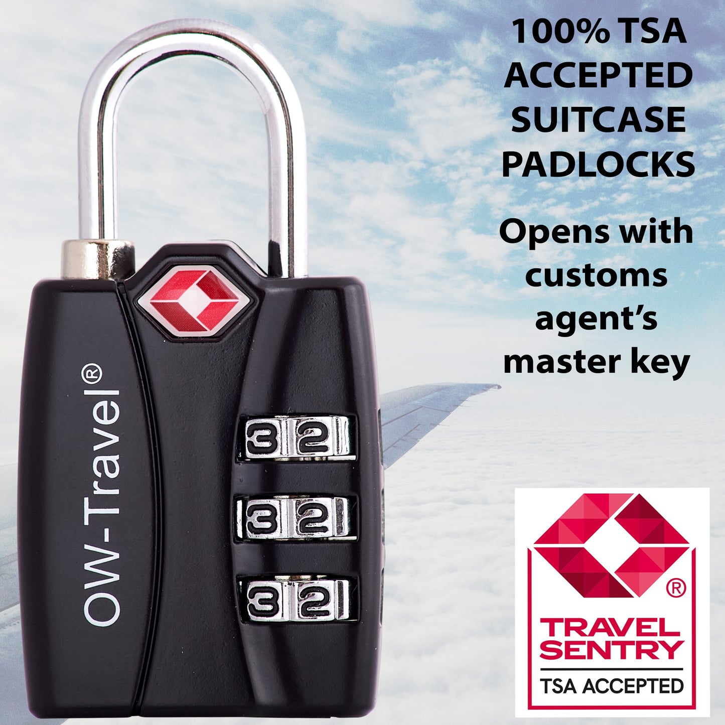 TSA luggage locks. Black 3-dial combination padlock with inspection alert