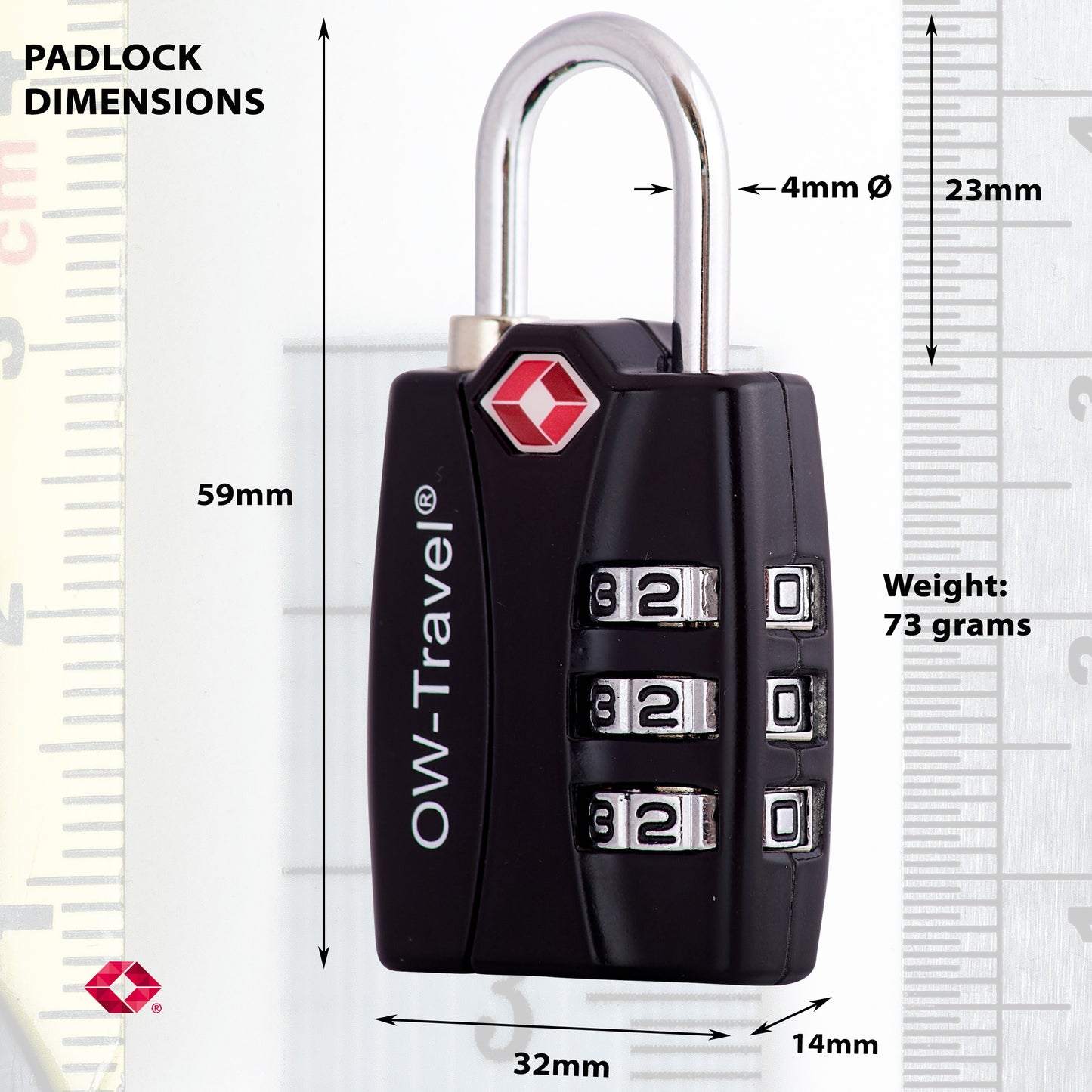 TSA luggage locks. Black 3-dial combination padlock with inspection alert