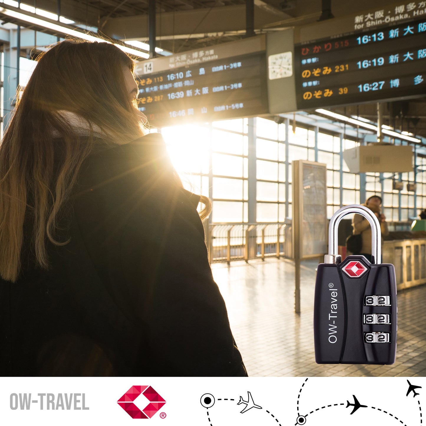TSA luggage locks. Black 3-dial combination padlock with inspection alert
