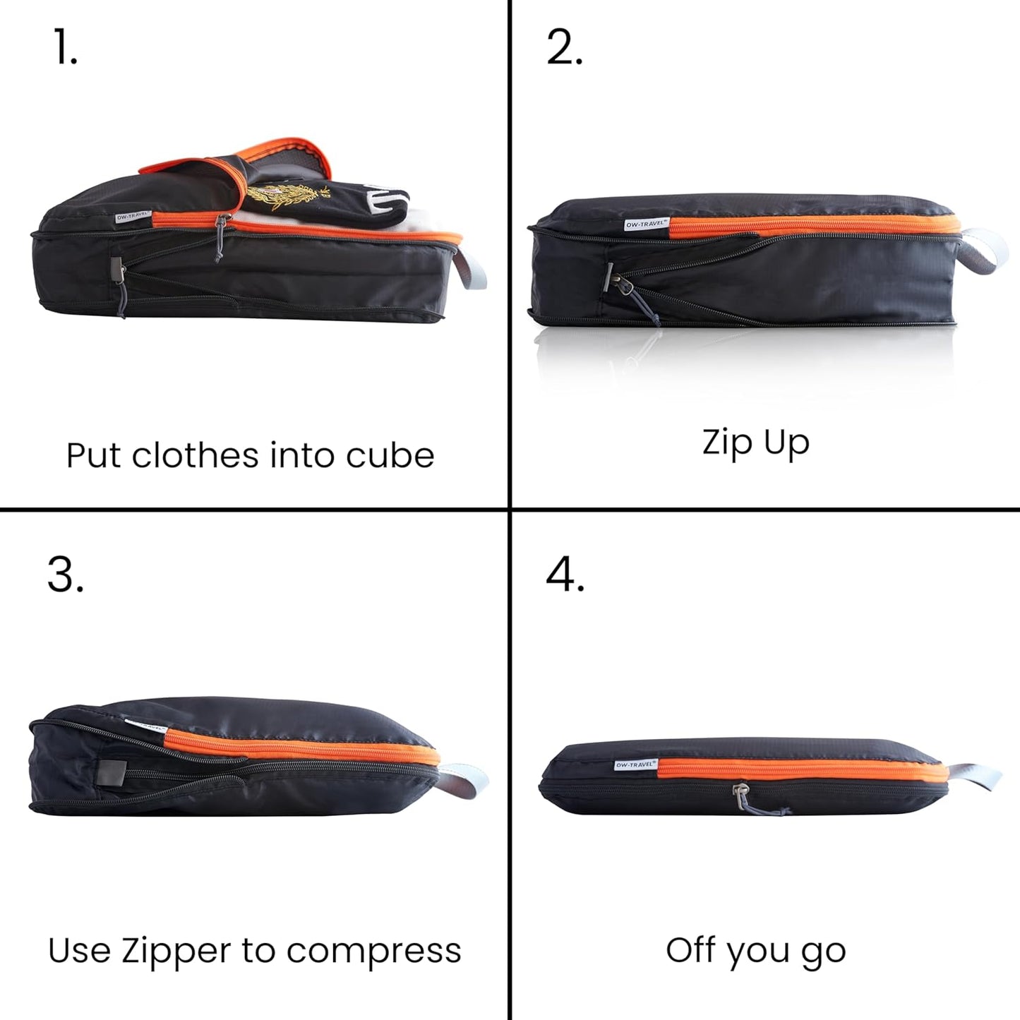 Black compression packing cubes for suitcases. Travel compression storage organiser bags