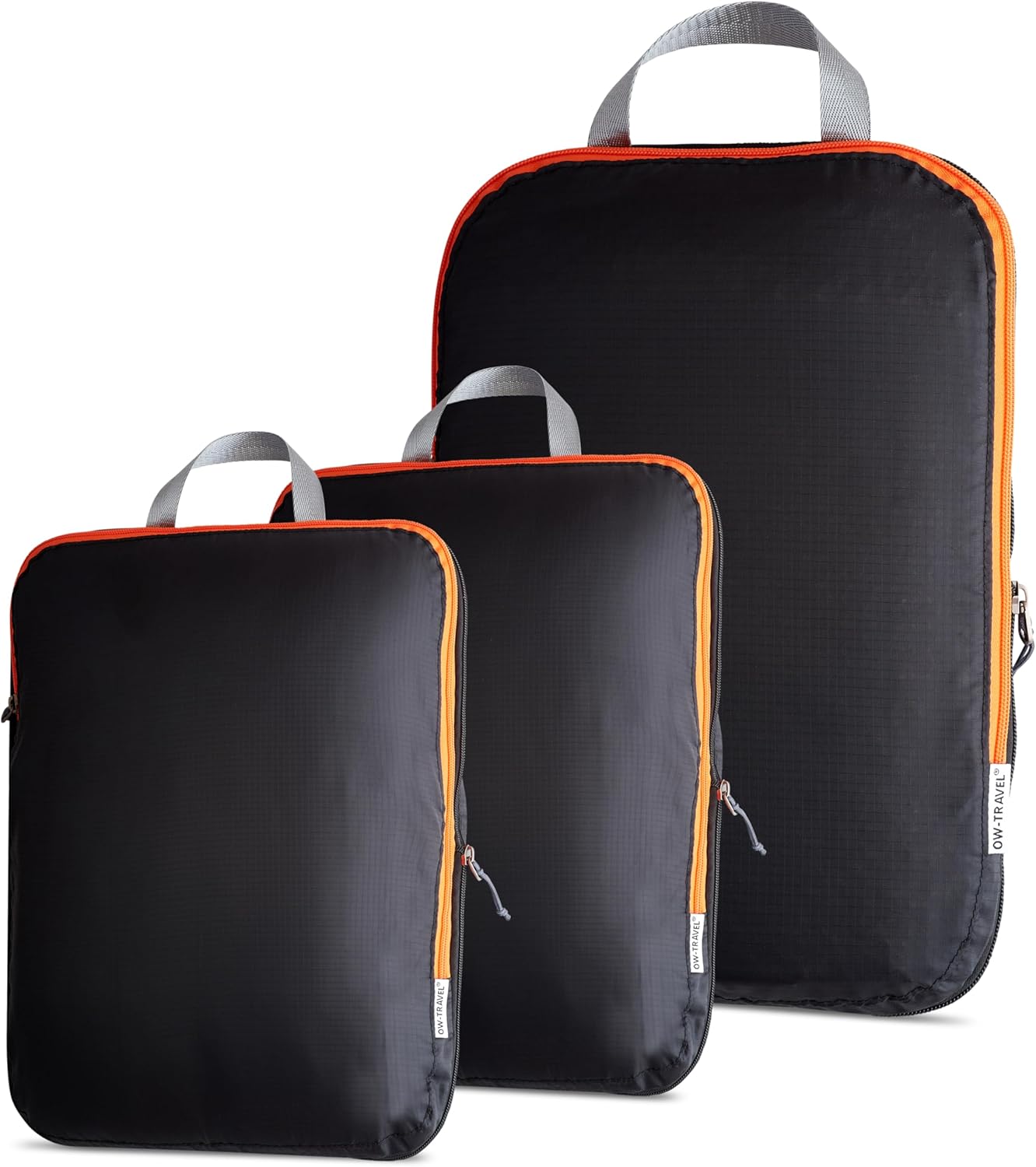 Black compression packing cubes for suitcases. Travel compression storage organiser bags