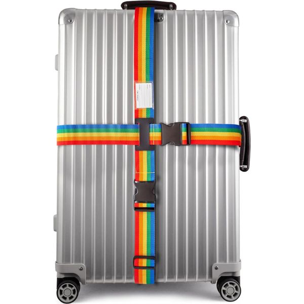 Heavy Duty Luggage Cross Strap Suitcase Belts - with Personalised Baggage Claim Identifier Address Label (Rainbow) - One-Wear, OW-Travel