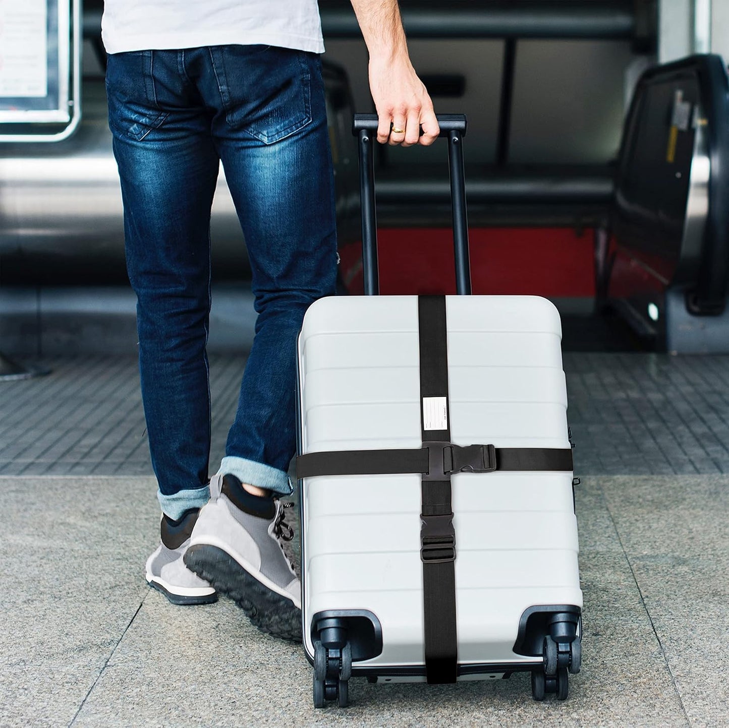 ✅ Heavy Duty Luggage Cross Strap Suitcase Belts - with Personalised Baggage Claim Identifier Address Label (Black) - One-Wear, OW-Travel