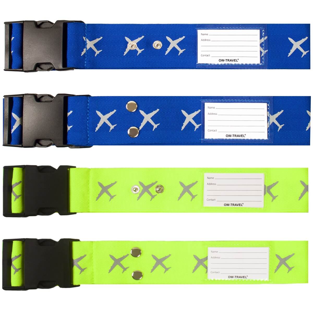 Blue and yellow luggage cross strap suitcase belts with baggage label