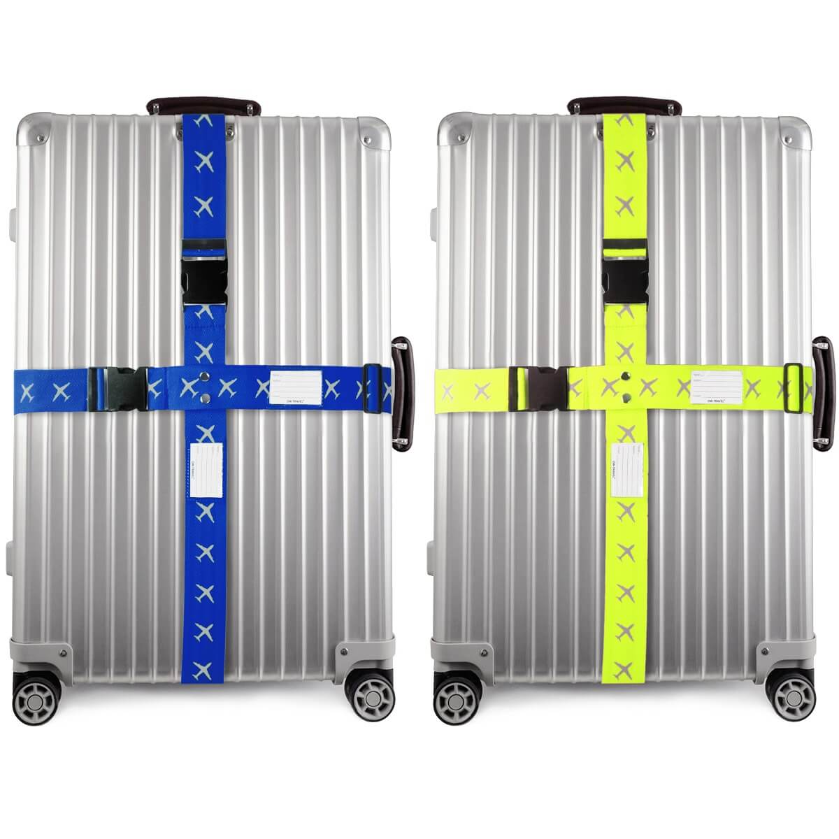 Blue and yellow luggage cross strap suitcase belts with baggage label