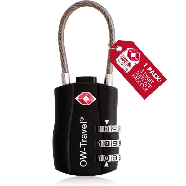 ✅ 3 Dial TSA Cable Combination Padlock - Travel Sentry Approved Heavy Duty Number Lock for Suitcases, Luggage, Gym Lockers and Tool Boxes - One-Wear, OW-Travel