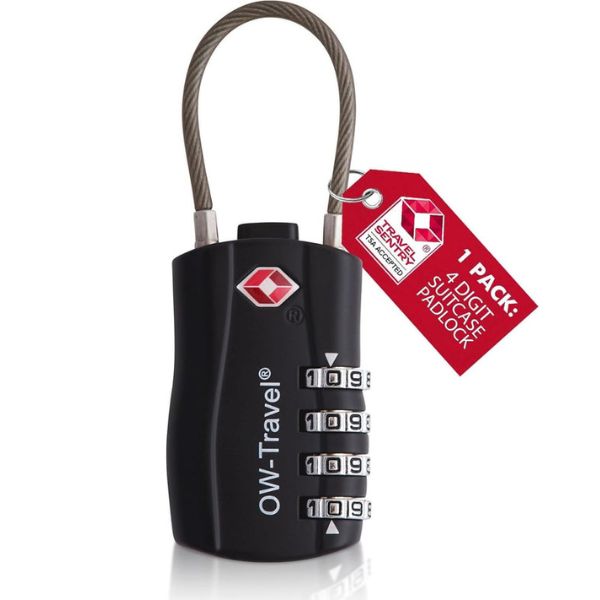 ✅ 4 Dial TSA Cable Combination Padlock - Travel Sentry Approved Heavy Duty Number Lock for Suitcases, Luggage, Gym Lockers and Tool Boxes - One-Wear, OW-Travel