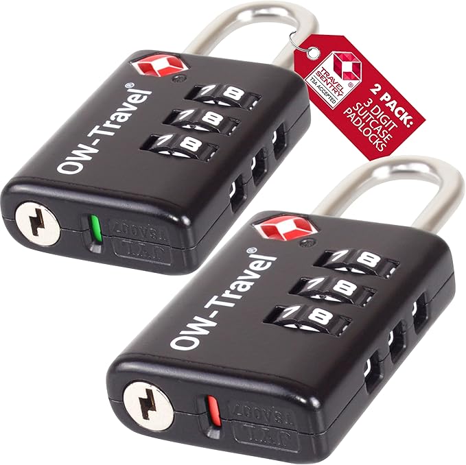 ✅ 3 Dial TSA Combination Padlock with INSPECTION SEARCH ALERT - Travel Sentry Approved Heavy Duty Number Lock for Suitcases, Luggage, Gym Lockers and Tool Boxes - One-Wear, OW-Travel