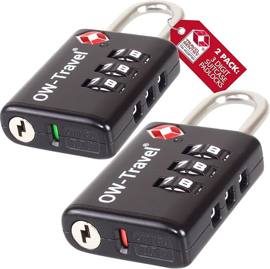 ✅ 3 Dial TSA Combination Padlock with INSPECTION SEARCH ALERT - Travel Sentry Approved Heavy Duty Number Lock for Suitcases, Luggage, Gym Lockers and Tool Boxes - One-Wear, OW-Travel
