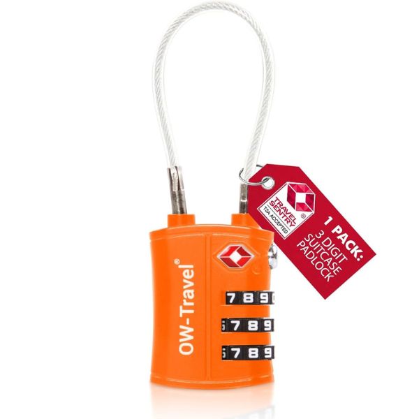 ✅ 3 Dial Cable TSA Combination Padlock - Travel Sentry Approved Heavy Duty Number Lock for Suitcases, Luggage, Gym Lockers and Tool Boxes - One-Wear, OW-Travel