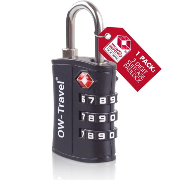 ✅ 3 Dial TSA Combination Padlock - Travel Sentry Approved Heavy Duty Number Lock for Suitcases, Luggage, Gym Lockers and Tool Boxes - One-Wear, OW-Travel