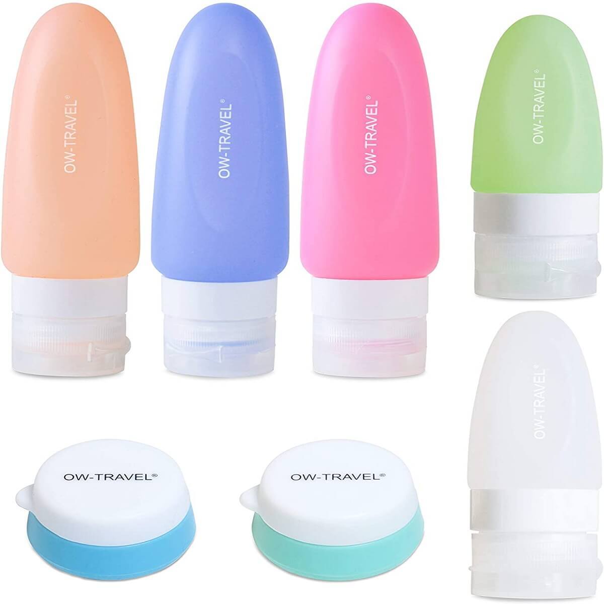 OW Travel Silicone Travel Bottles for Toiletries Leakproof BPA Free Refillable Squeezable for Liquids - 7 Pack - Heavy Duty Silicone Travel Bottles