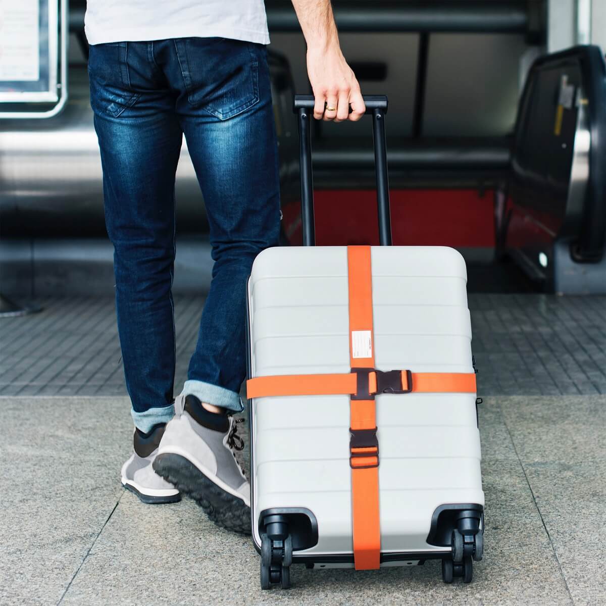 ✅ Heavy Duty Luggage Cross Strap Suitcase Belts - with Personalised Baggage Claim Identifier Address Label (Bright Orange) - One-Wear