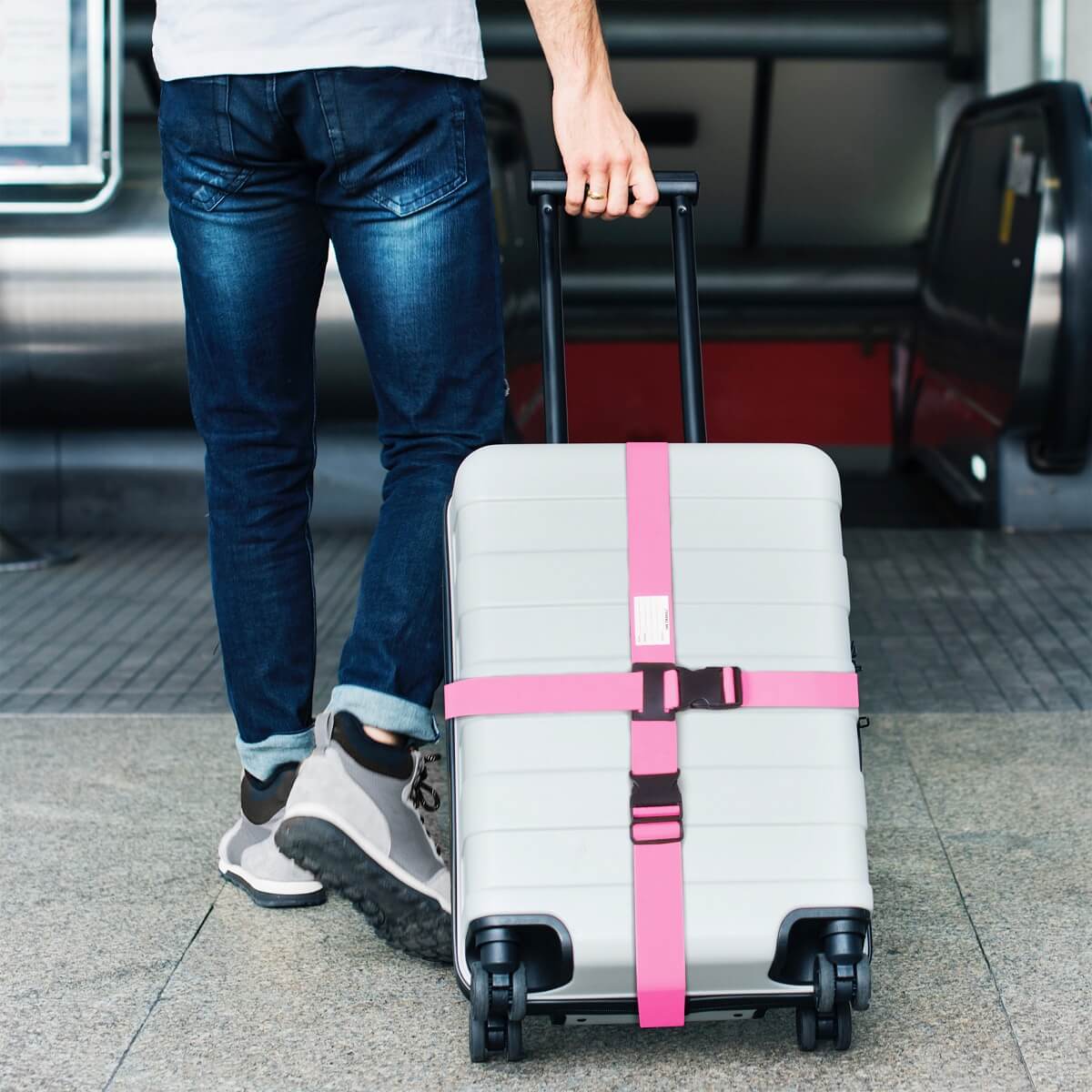 ✅ Heavy Duty Luggage Cross Strap Suitcase Belts - with Personalised Baggage Claim Identifier Address Label (Bright Pink) - One-Wear