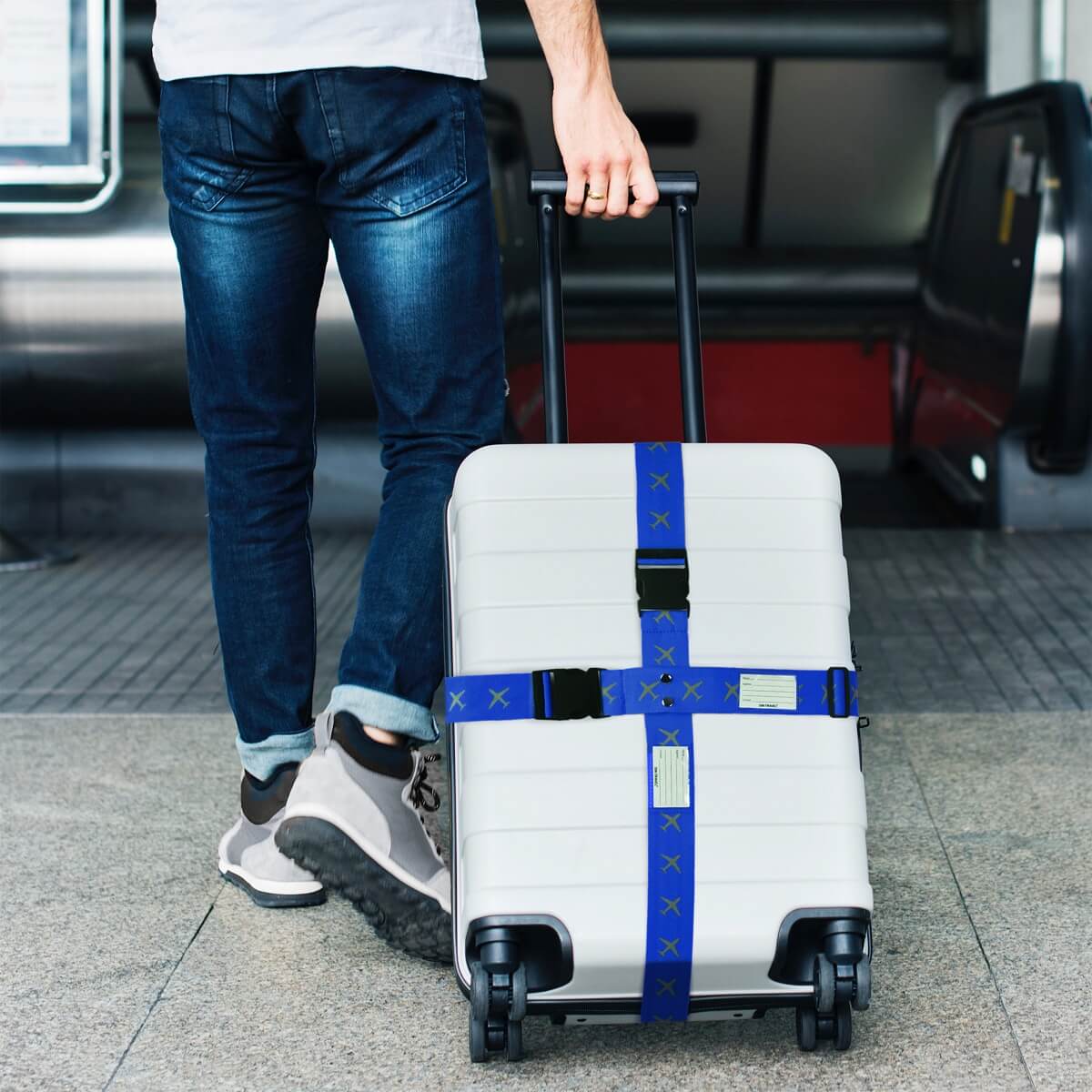 ✅ Heavy Duty Luggage Cross Strap Suitcase Belts - with Personalised Baggage Claim Identifier Address Label (Blue) - One-Wear