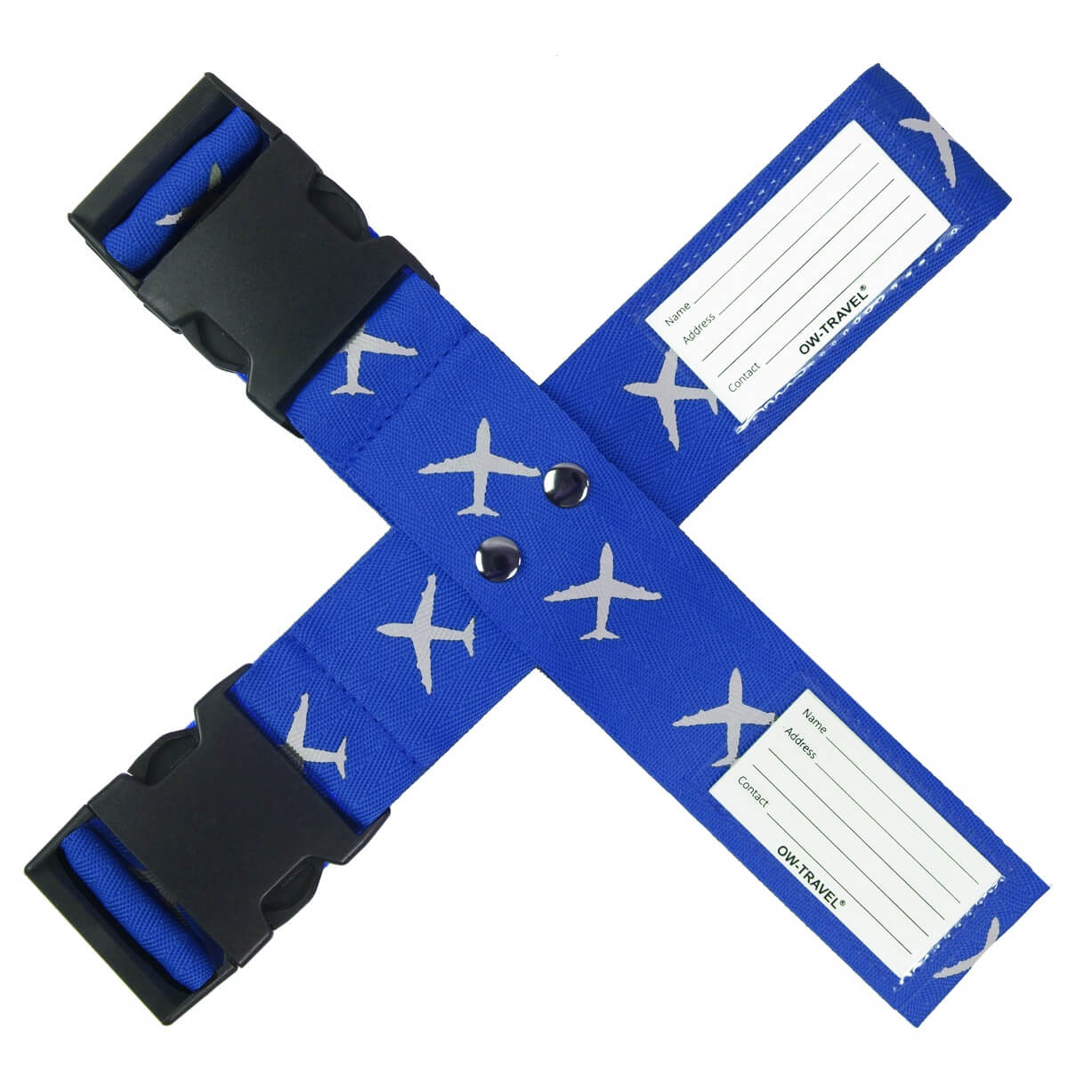 ✅ Heavy Duty Luggage Cross Strap Suitcase Belts - with Personalised Baggage Claim Identifier Address Label (Blue) - One-Wear